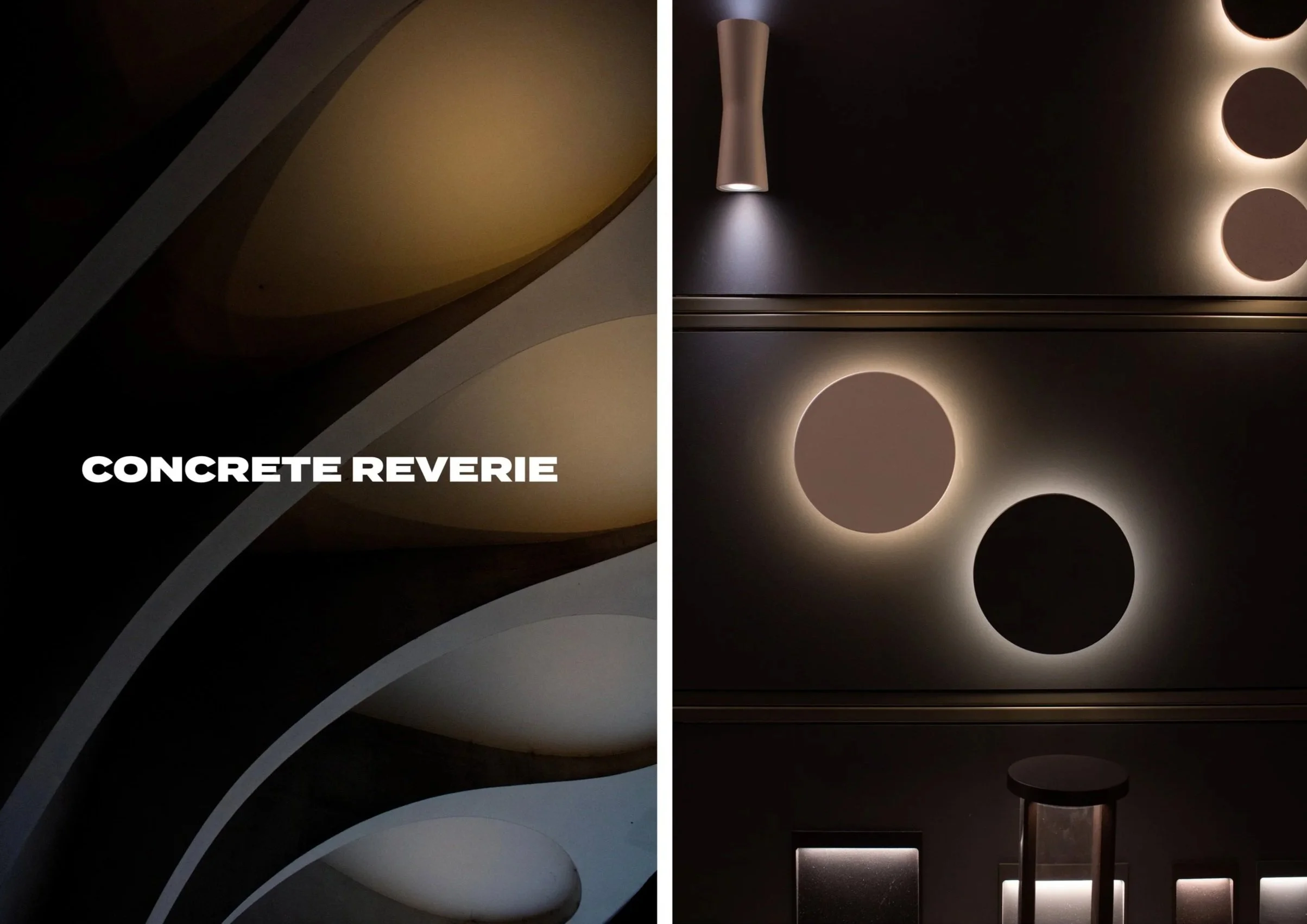 Side-by-side images of modern architecture and lighting design. The left shows a building with curved concrete structures and the text 'CONCRETE REVERIE' overlaid. The right features a dark room with circular light fixtures and a minimalist aesthetic.