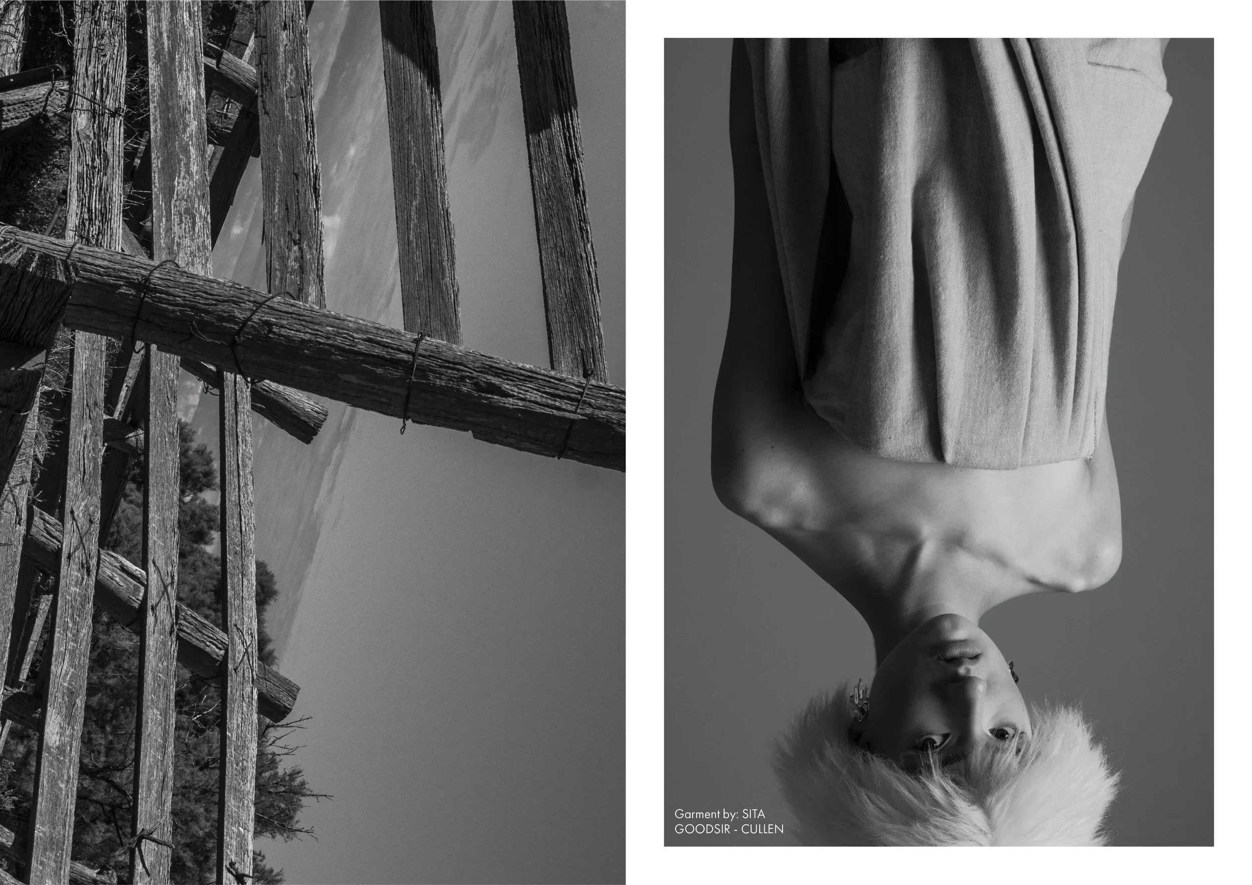 Black and white split image, left side shows a close-up view of a rustic wooden fence with weathered planks and wires, and part of a tree and sky in the background; right side features a portrait of a woman with platinum blonde hair, wearing a light-