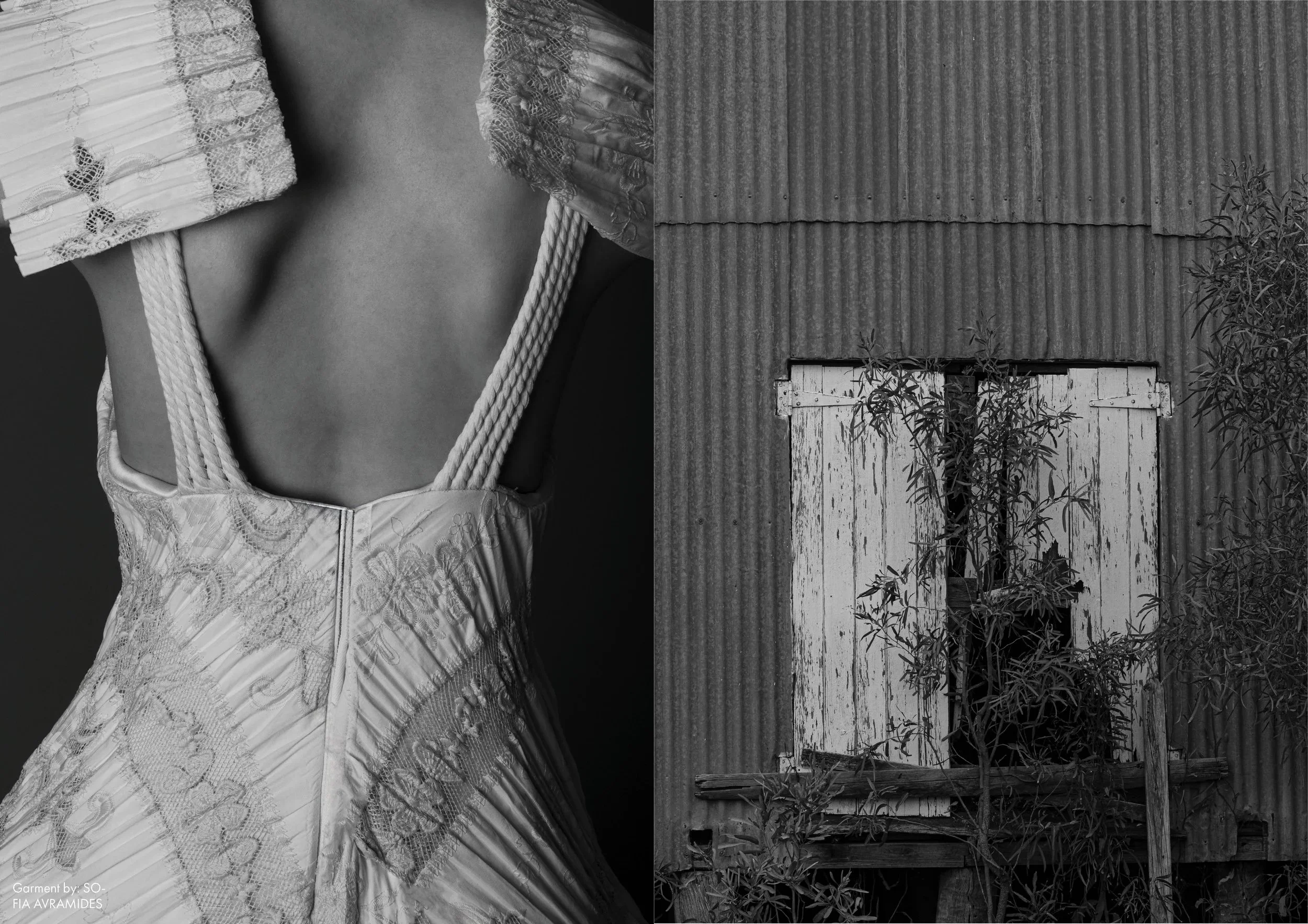 Close-up of a woman wearing a detailed lace dress with rope straps, showing her back and bare shoulders on the left. An old wooden door with peeling paint is set in a corrugated metal wall, surrounded by overgrown plants on the right.