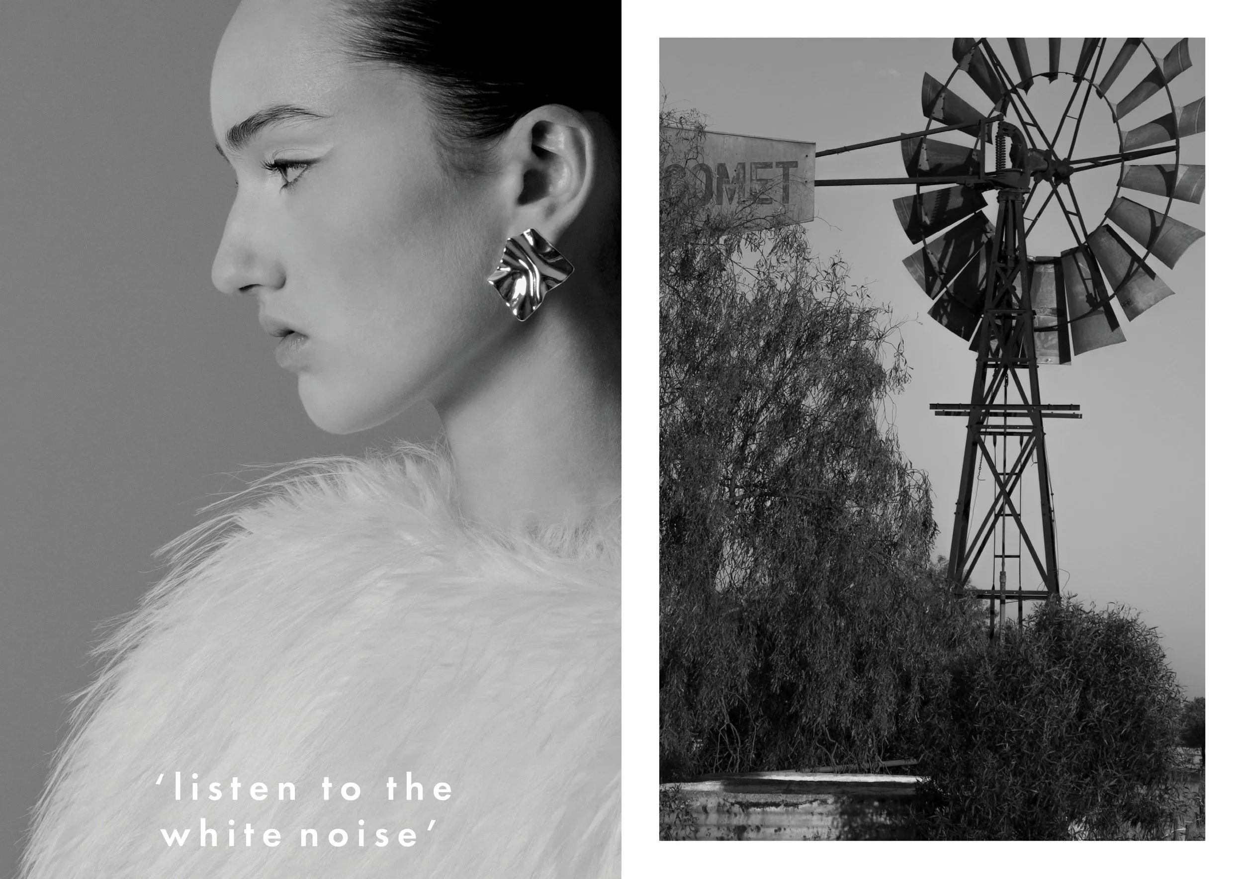 A split black and white photo features a side profile of a woman with smooth hair, large statement earrings, and a fur garment on the left. The right side shows an old windmill with the sky and some trees in the background.