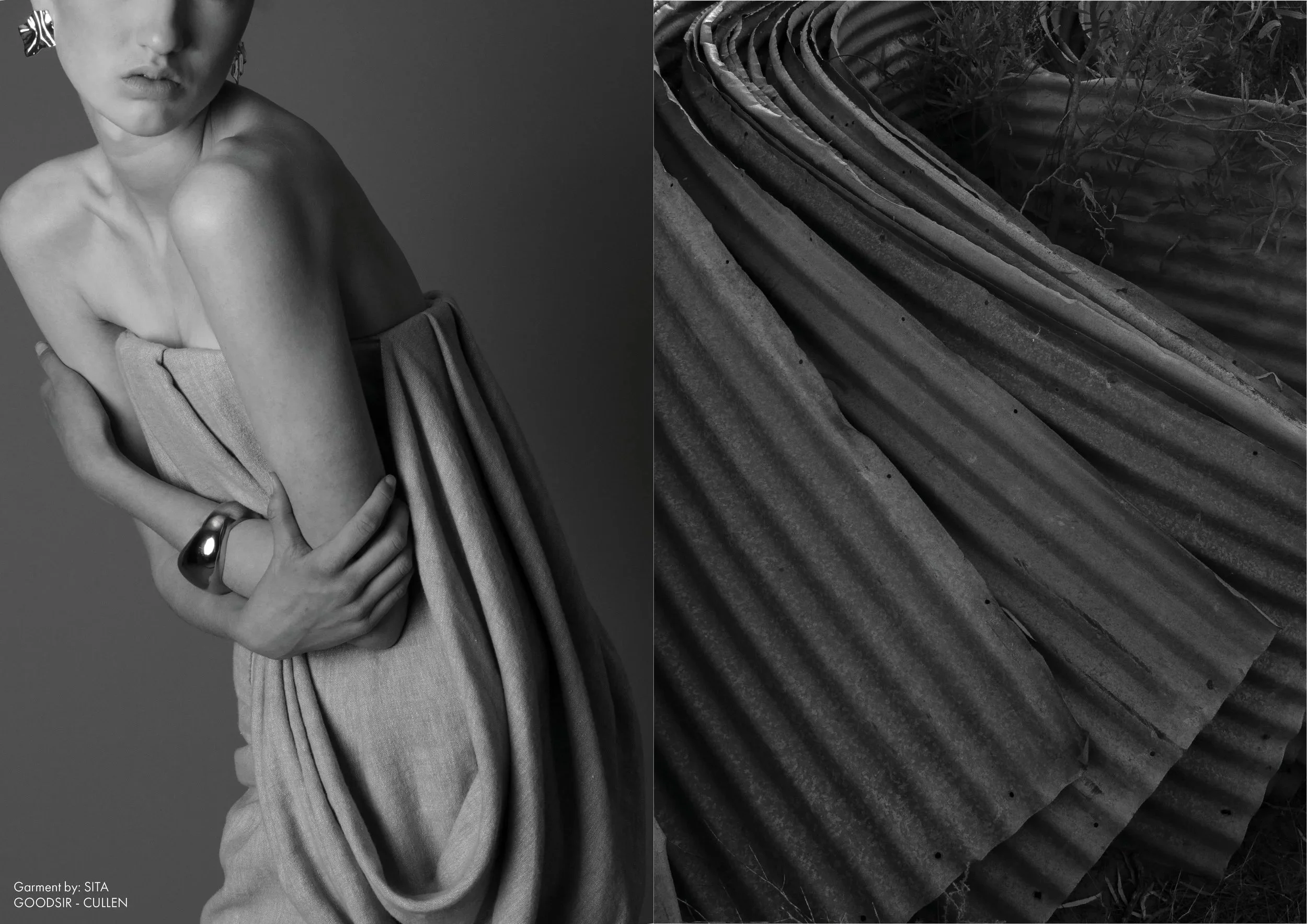 A black and white split image. The left side shows a model with a bare shoulder, dressed in a draped fabric, holding the fabric around herself with arms crossed in front of her. The right side features a close-up of corrugated metal sheets stacked or