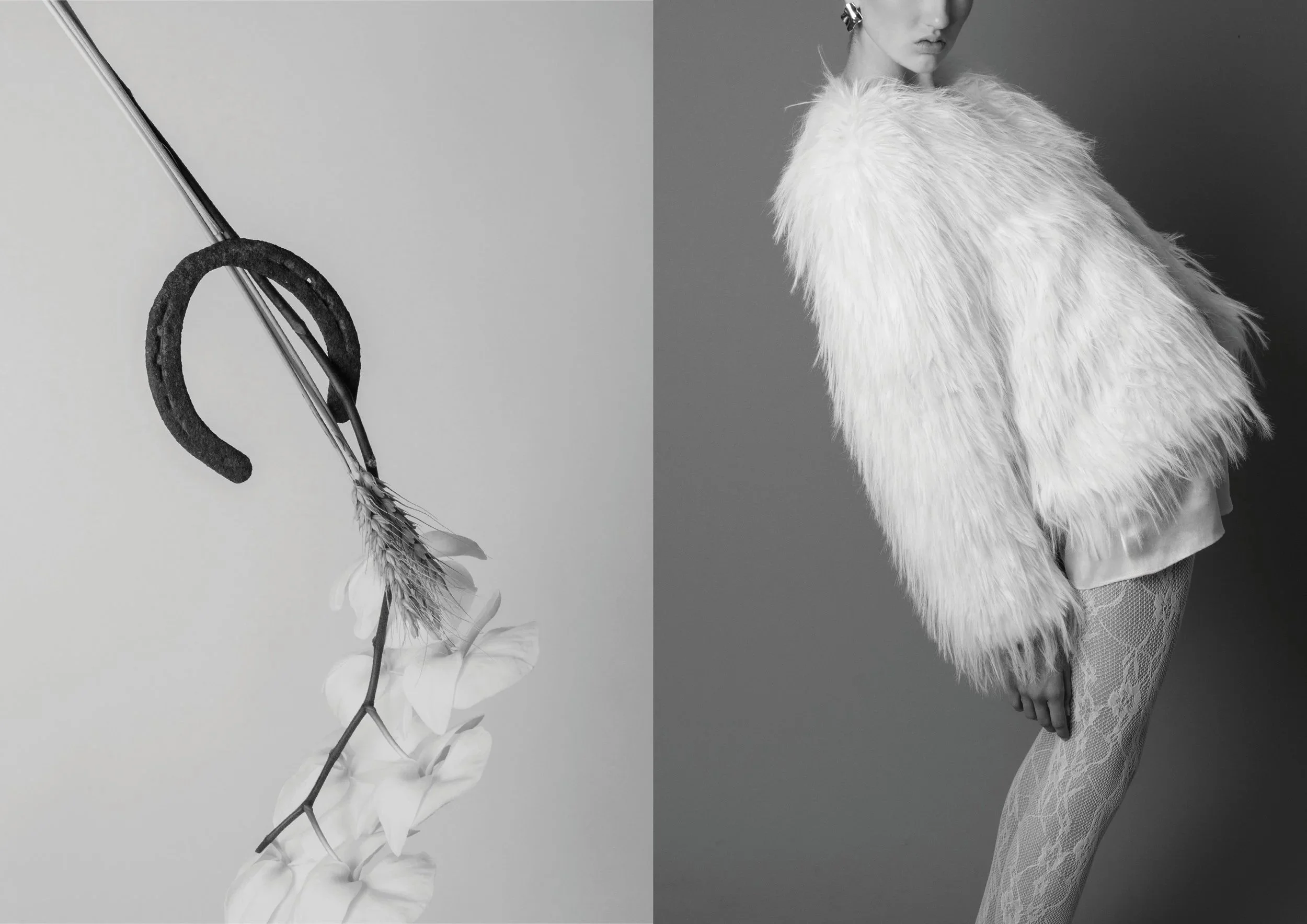 A split black and white image featuring a shoehorn with a decorative tassel on the left and a model wearing a fluffy white jacket and patterned stockings on the right.