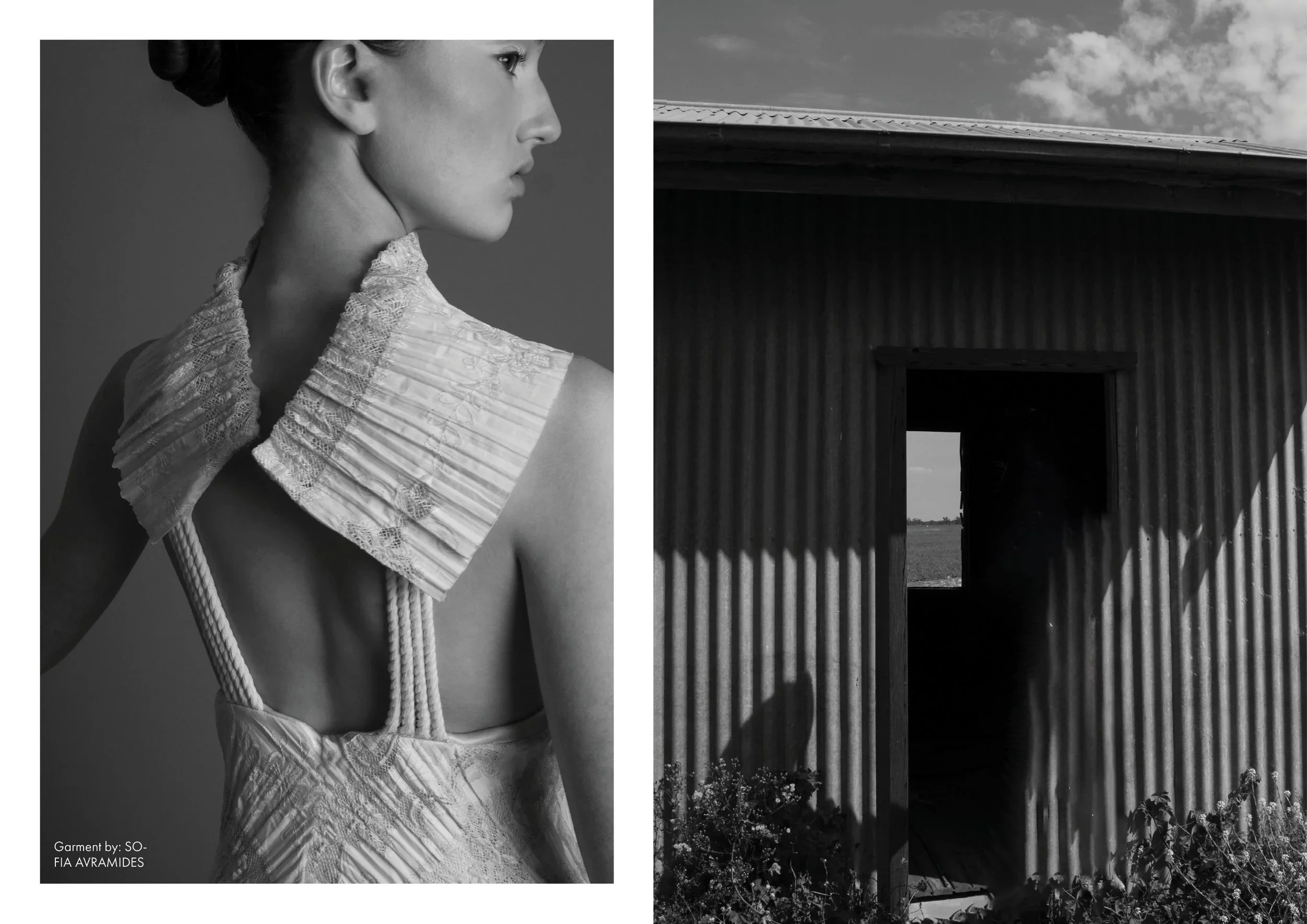 A split-screen black-and-white image showing a side profile portrait of a woman wearing exclusive fashion on the left and a rustic barn with weathered corrugated metal siding and a shadowed door opening on the right.