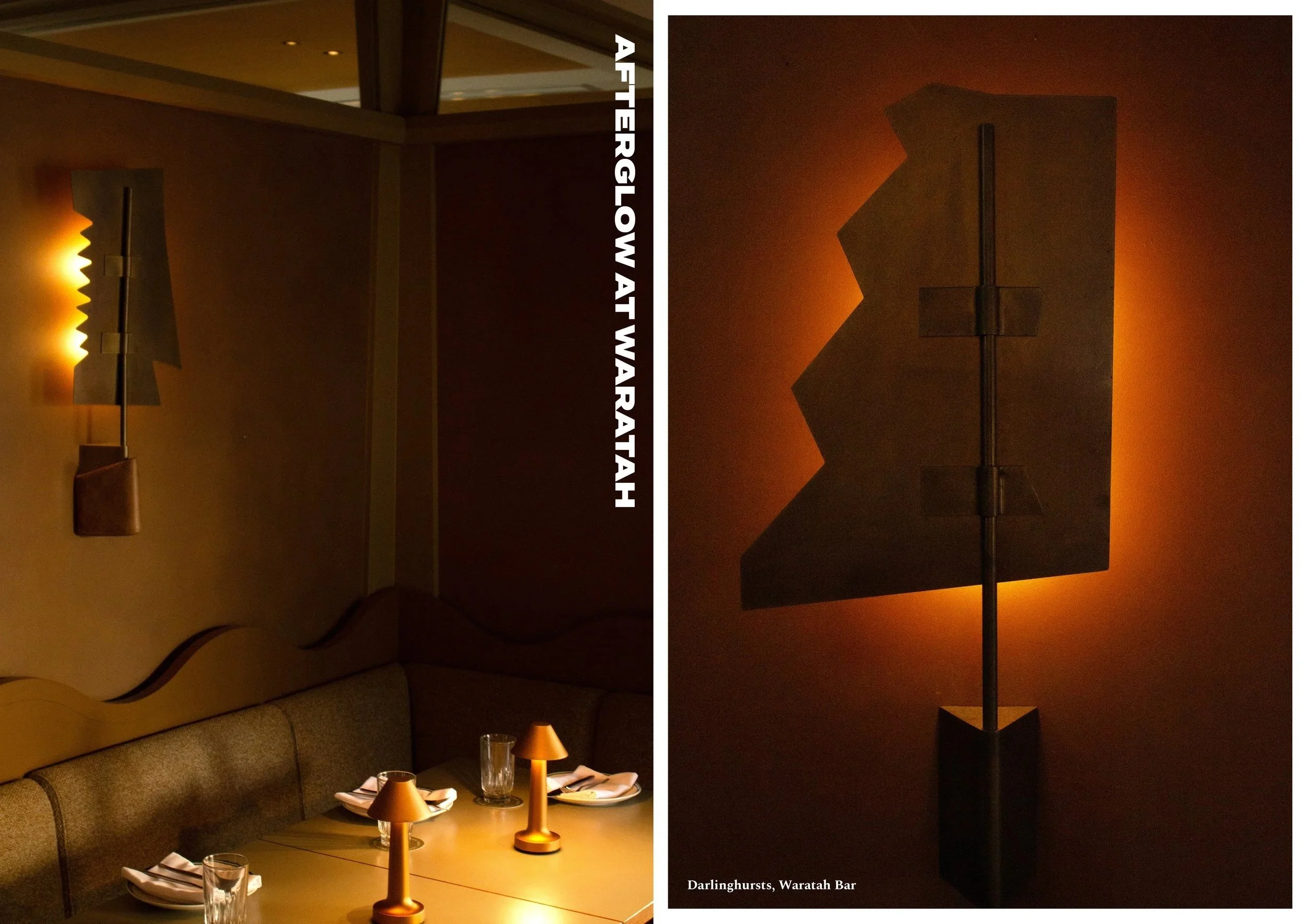 A side-by-side comparison of a restaurant interior and a wall lantern, showing the change from a warm-lit setting to a dark setting with a wall-mounted lamp.