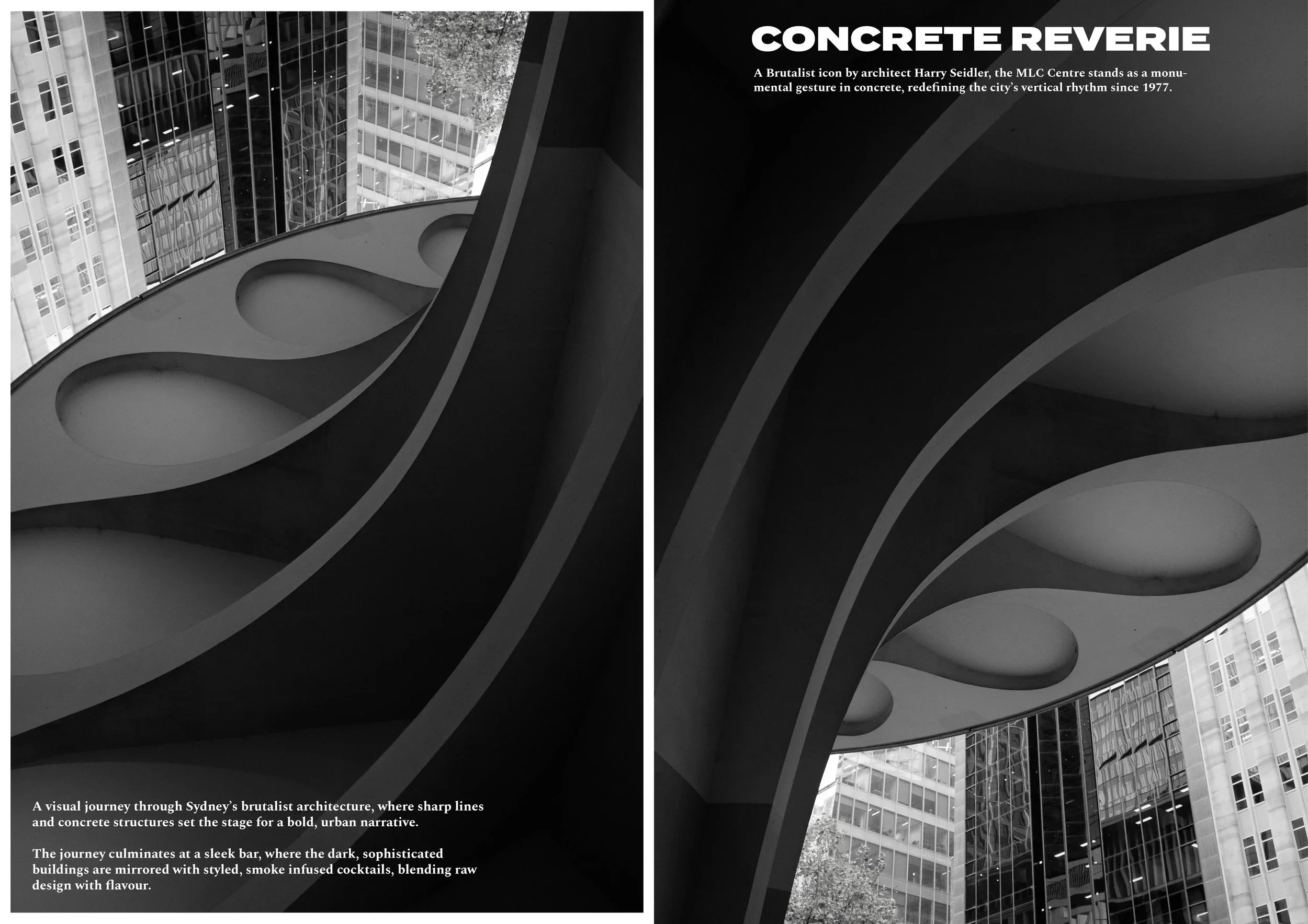 A black and white photo of modern architecture, showing curved concrete structures with large oval openings, and a view of glass buildings in the background.