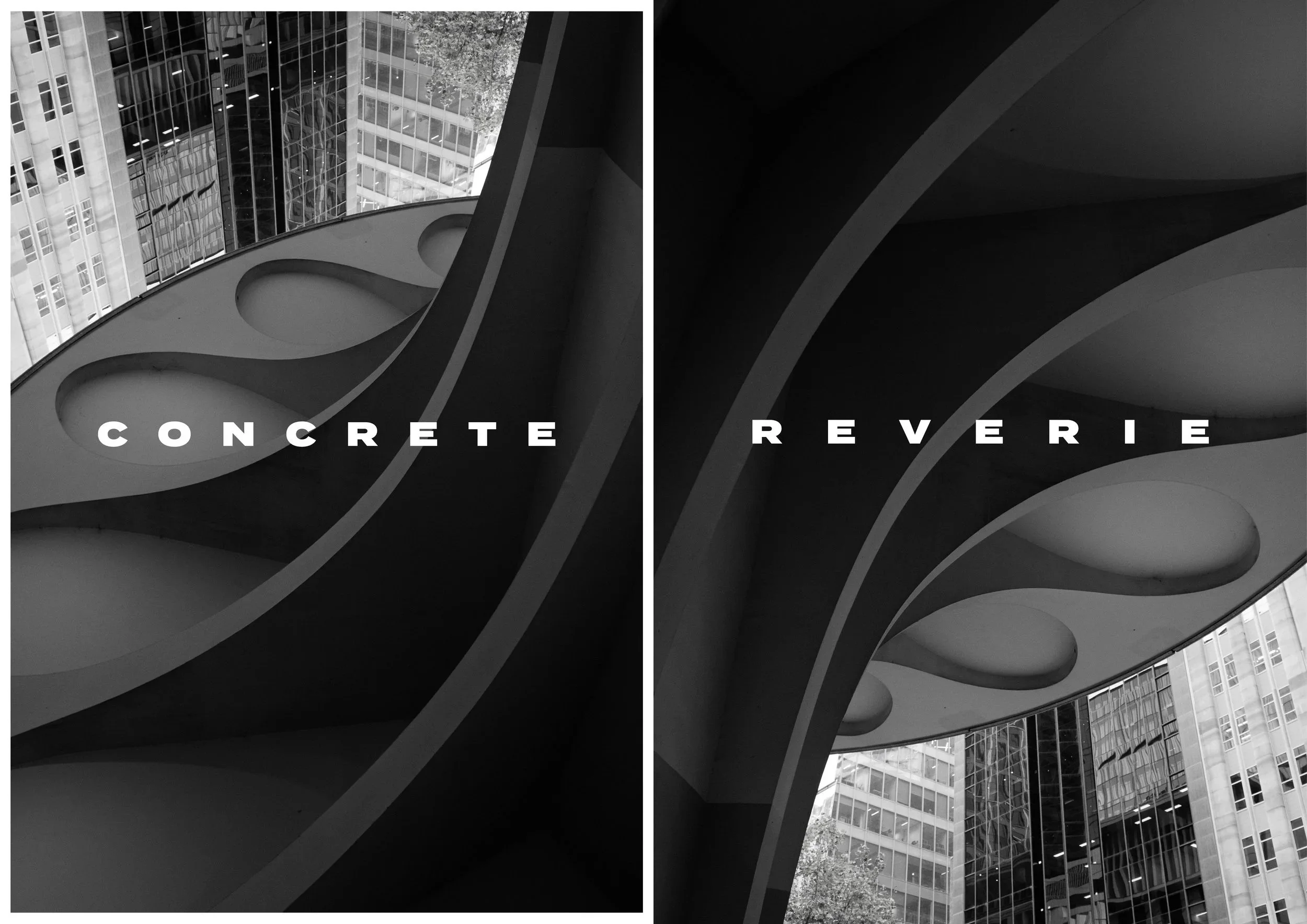 Black and white photo of modern architectural interior with curved concrete structures and tall glass buildings outside, divided into two sections. The left side labeled 'CONCRETE', the right side labeled 'REVERE'.