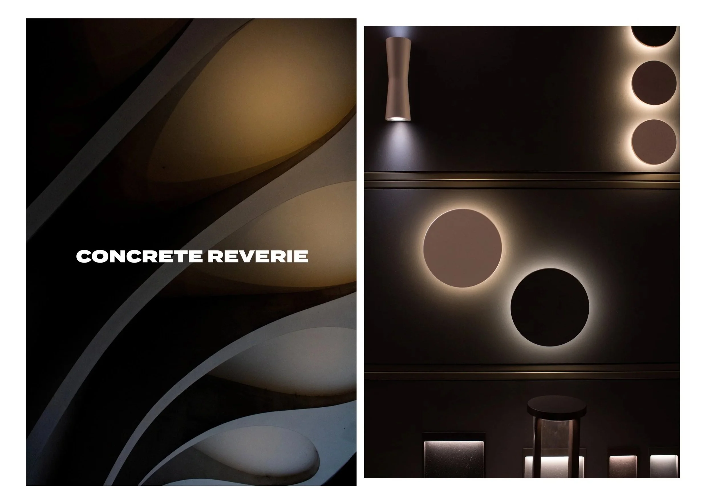Split image featuring abstract architectural design and contemporary lighting. The left side shows a close-up of curved concrete structures with the text 'CONCRETE REVERIE.' The right side displays a dark room with modern lighting fixtures and circul