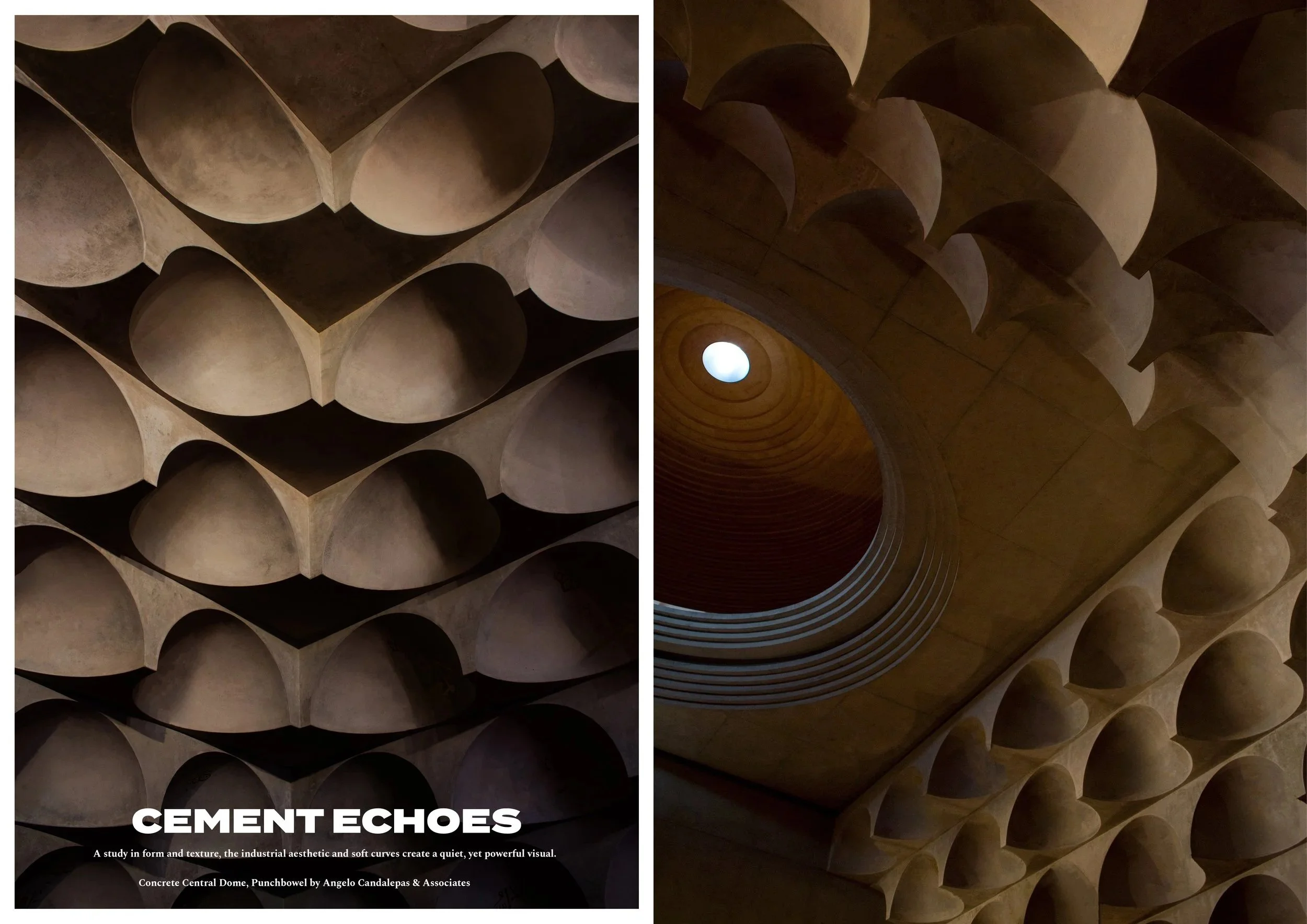 Photographs of architectural concrete structures featuring rounded, hollow forms resembling cement echoes, with a study title 'CEMENT ECHOES' and information about a concrete central dome by Angelo Candalepas & Associates.