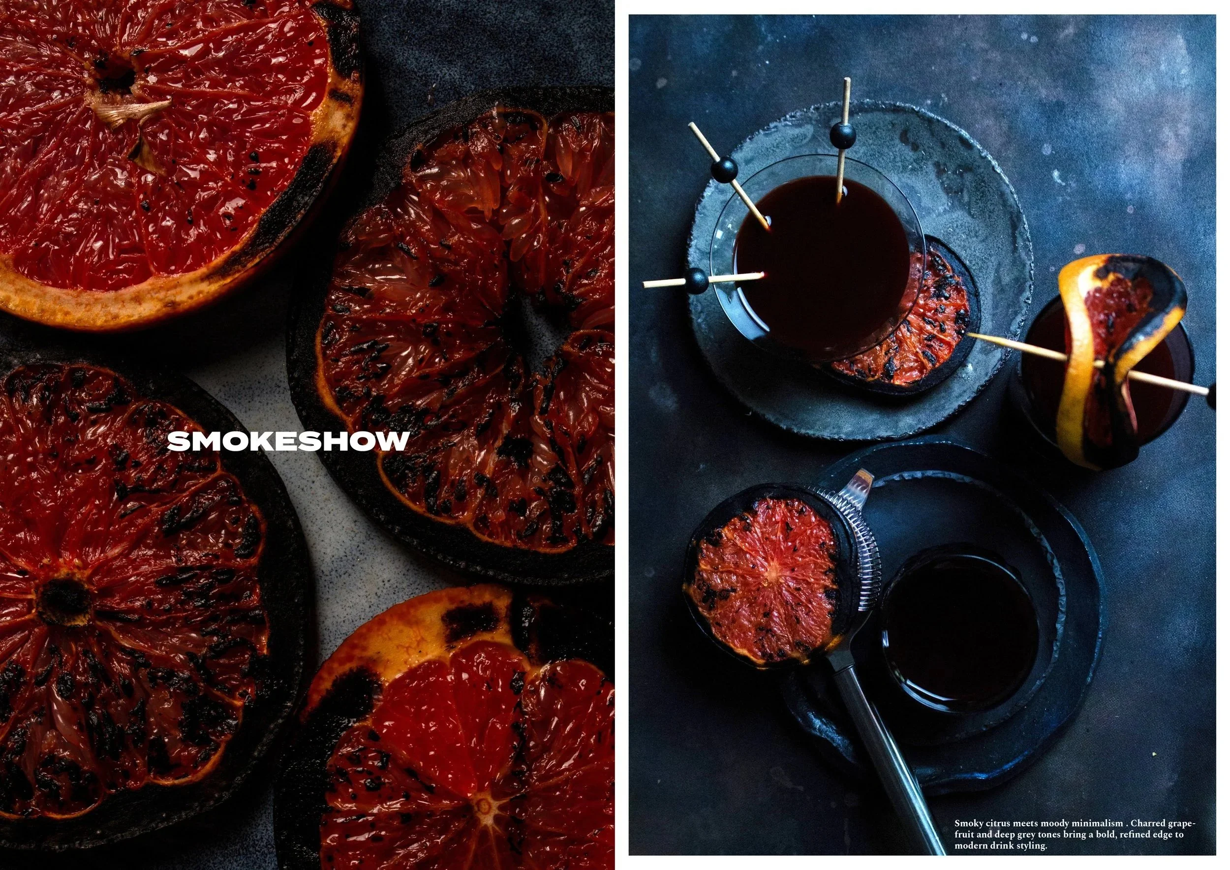 Split image of charred grapefruits and blood oranges with a dark background. The left side shows charred citrus slices with blackened edges, and the right side displays drinks made with charred grapefruit and blood orange, garnished with citrus peels