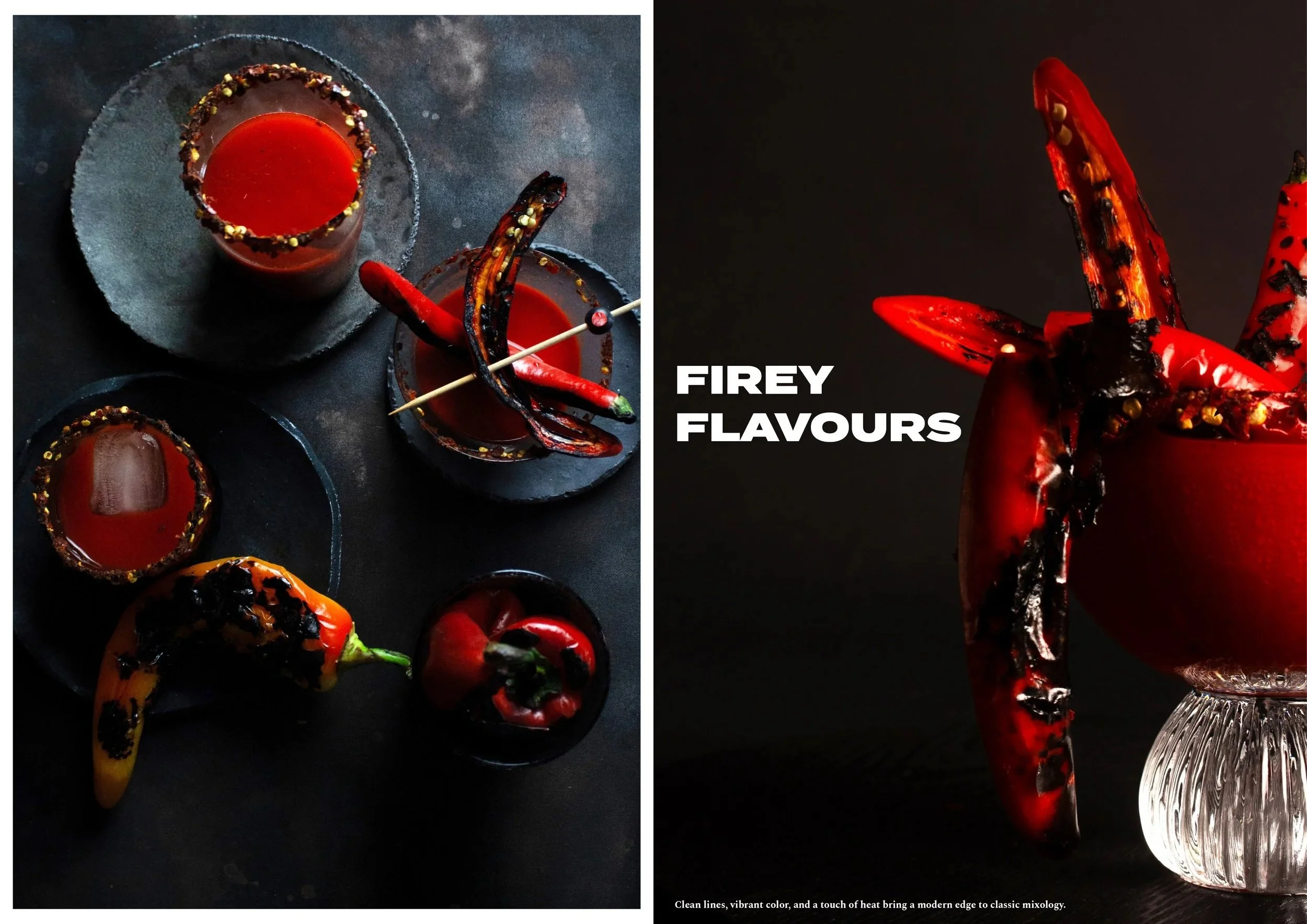 A collage of spicy red cocktails with roasted chili garnishes. The left side shows four drinks on dark plates, featuring chili peppers and salt-rimmed glasses. The right side displays a close-up of a red cocktail garnished with roasted chili peppers,