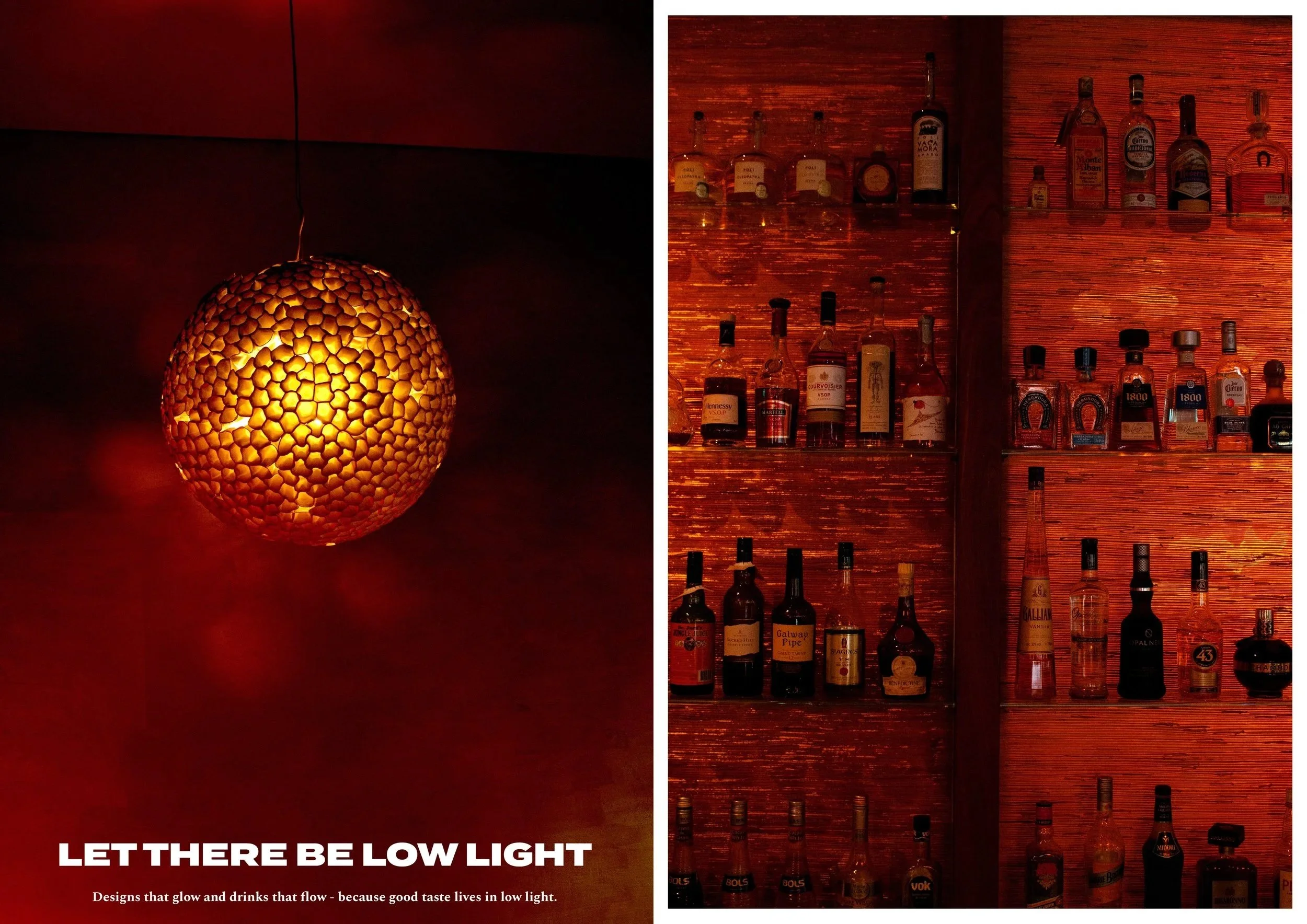A two-part image. The left side shows a glowing, spherical pendant light with a honeycomb pattern hanging from the ceiling, creating a warm glow. The right side features a wooden liquor cabinet filled with various bottles of alcohol, illuminated by l