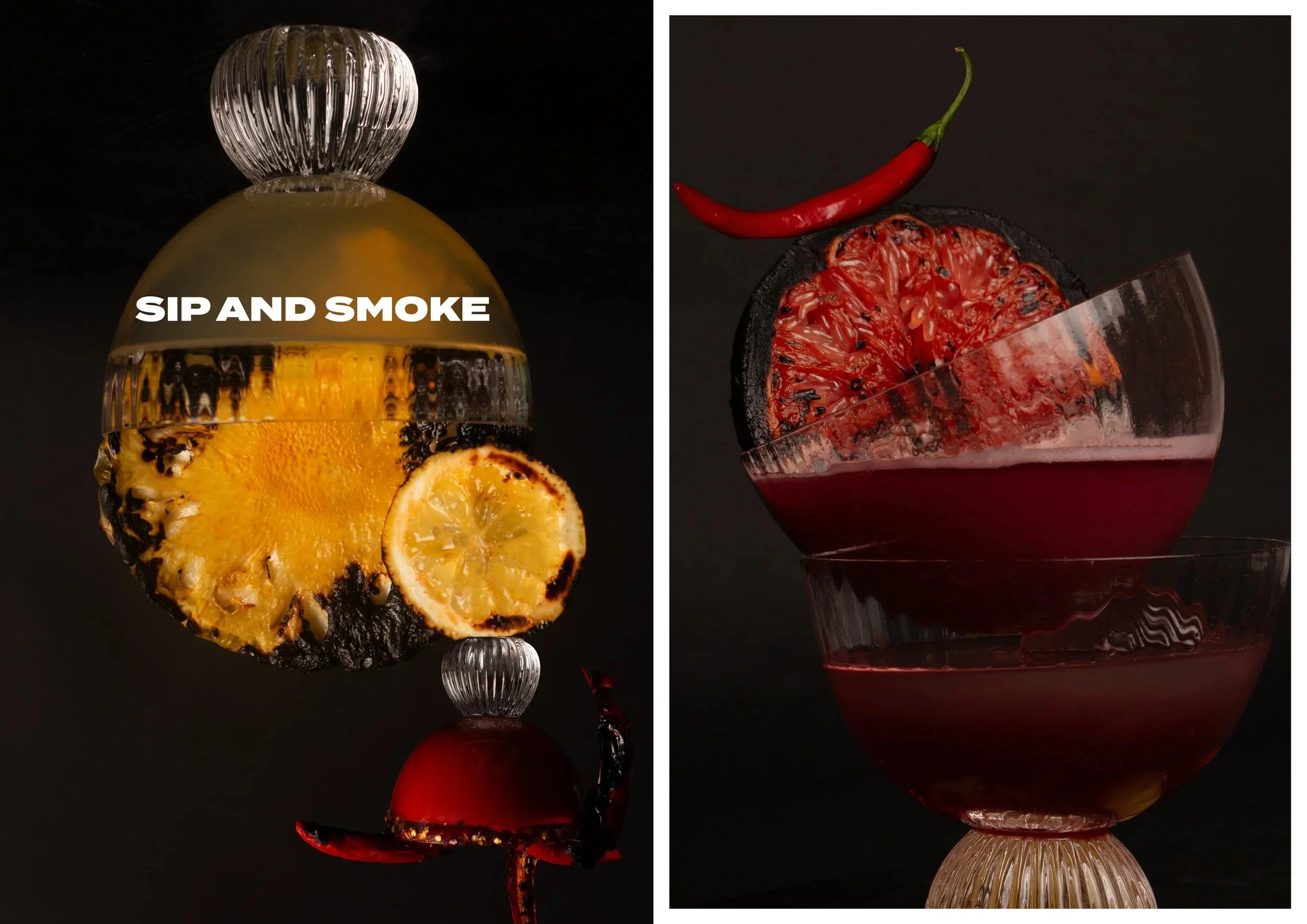 Two cocktail glasses with garnishes. The left glass contains a drink with lemon and pineapple slices, labeled 'Sip and Smoke.' The right glass contains a red beverage garnished with a chili pepper and a halved tomato, set against a dark background.