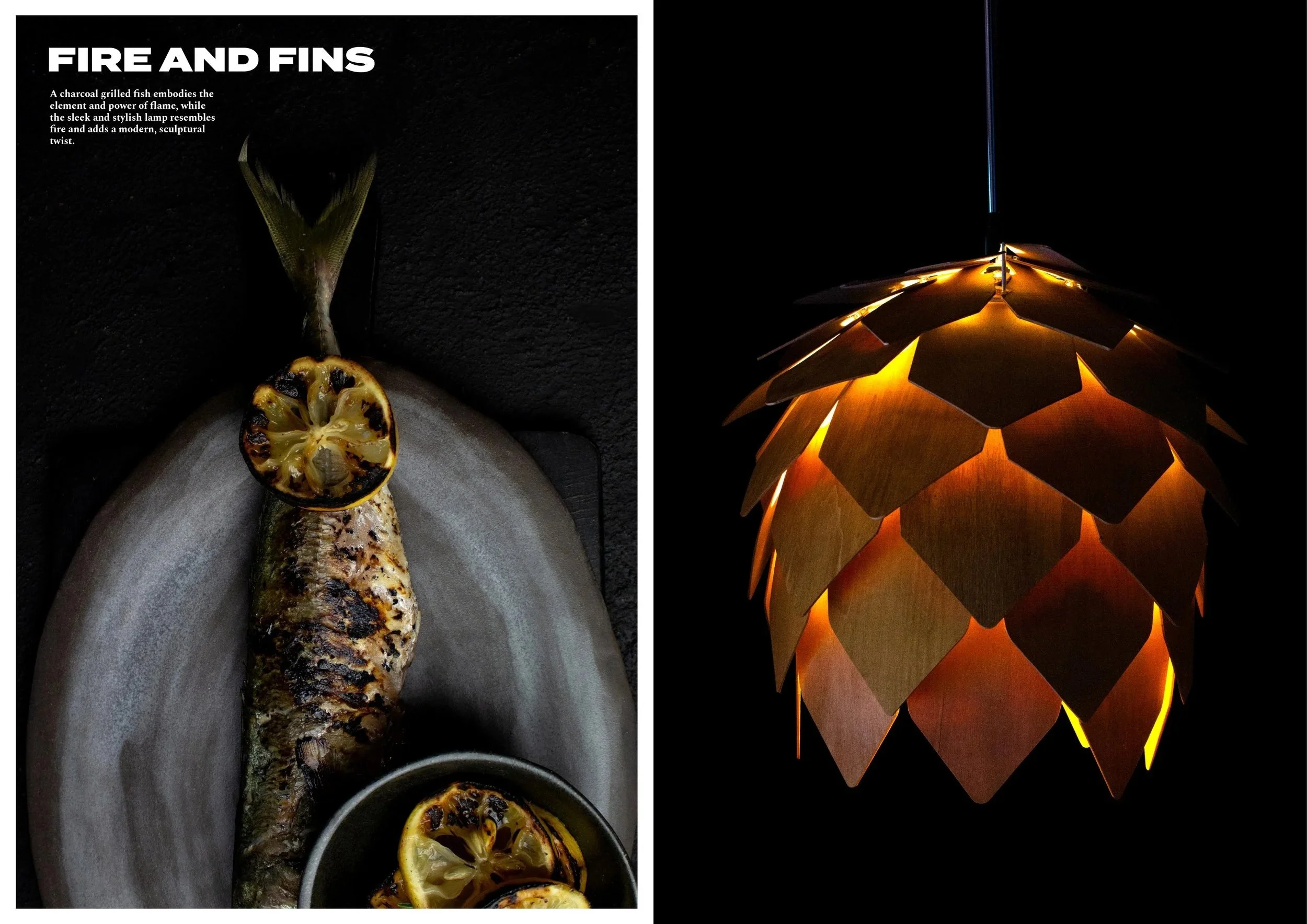 Left side: Grilled fish garnished with lemon slices on a plate. Right side: Pineapple-shaped lamp with warm light glowing behind wooden panels.