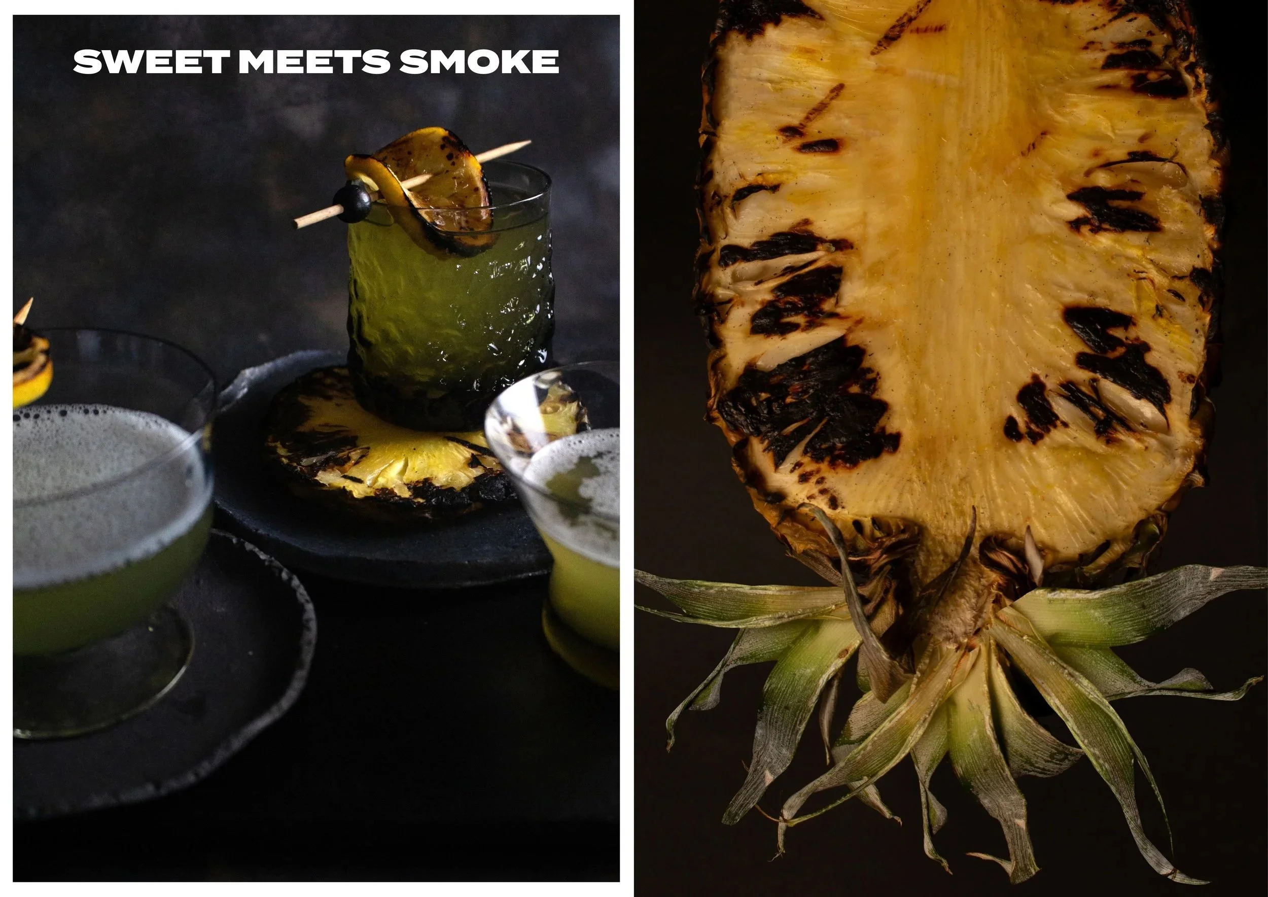 A tropical scene with a dark background featuring grilled pineapple slices and cocktails. The left side shows a cocktail glass with a green drink garnished with a grilled pineapple wedge on a skewer. The right side displays a close-up of half a grill