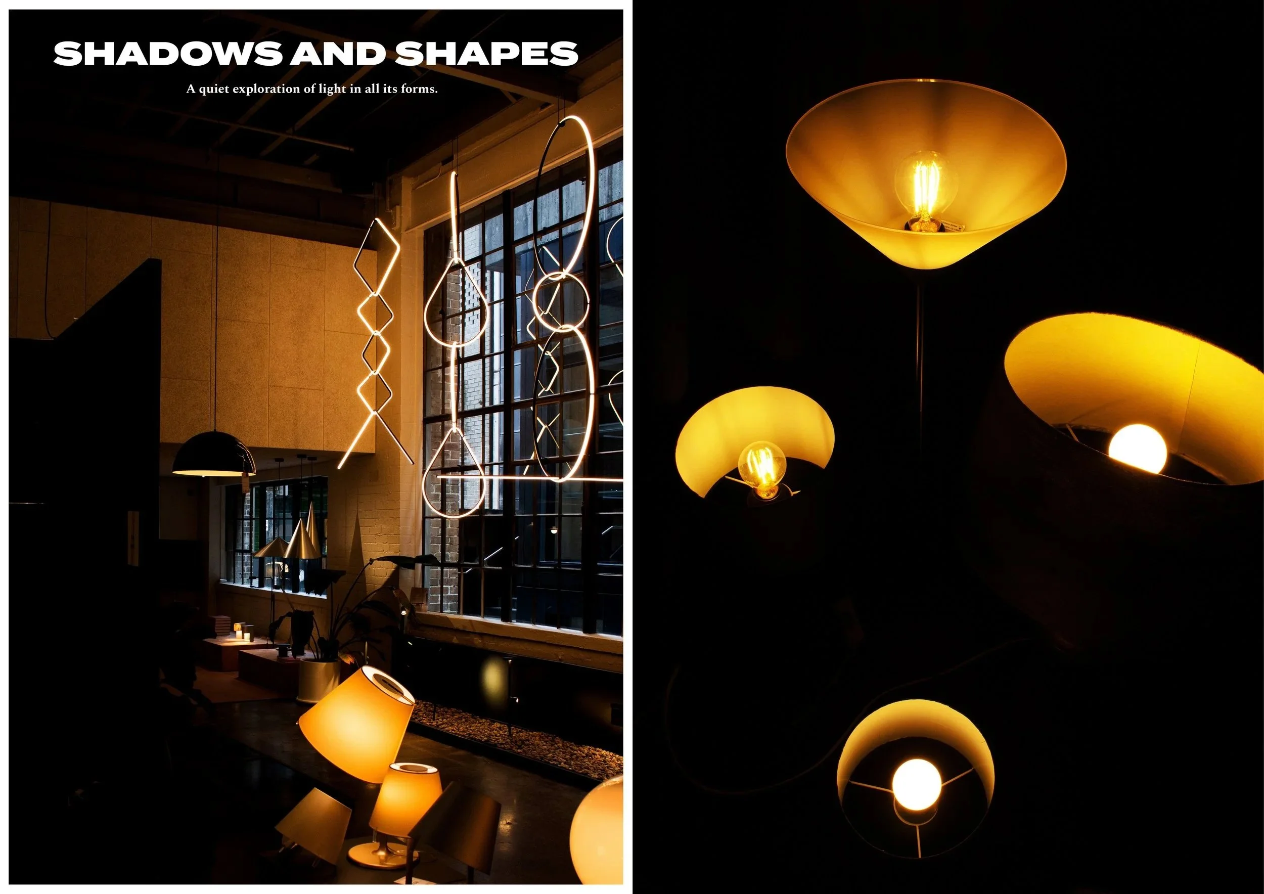 A collage of interior lighting fixtures, including modern hanging lamps with geometric and circular shapes, and vintage-style exposed bulb lights, in a dark room setting and near a large window.