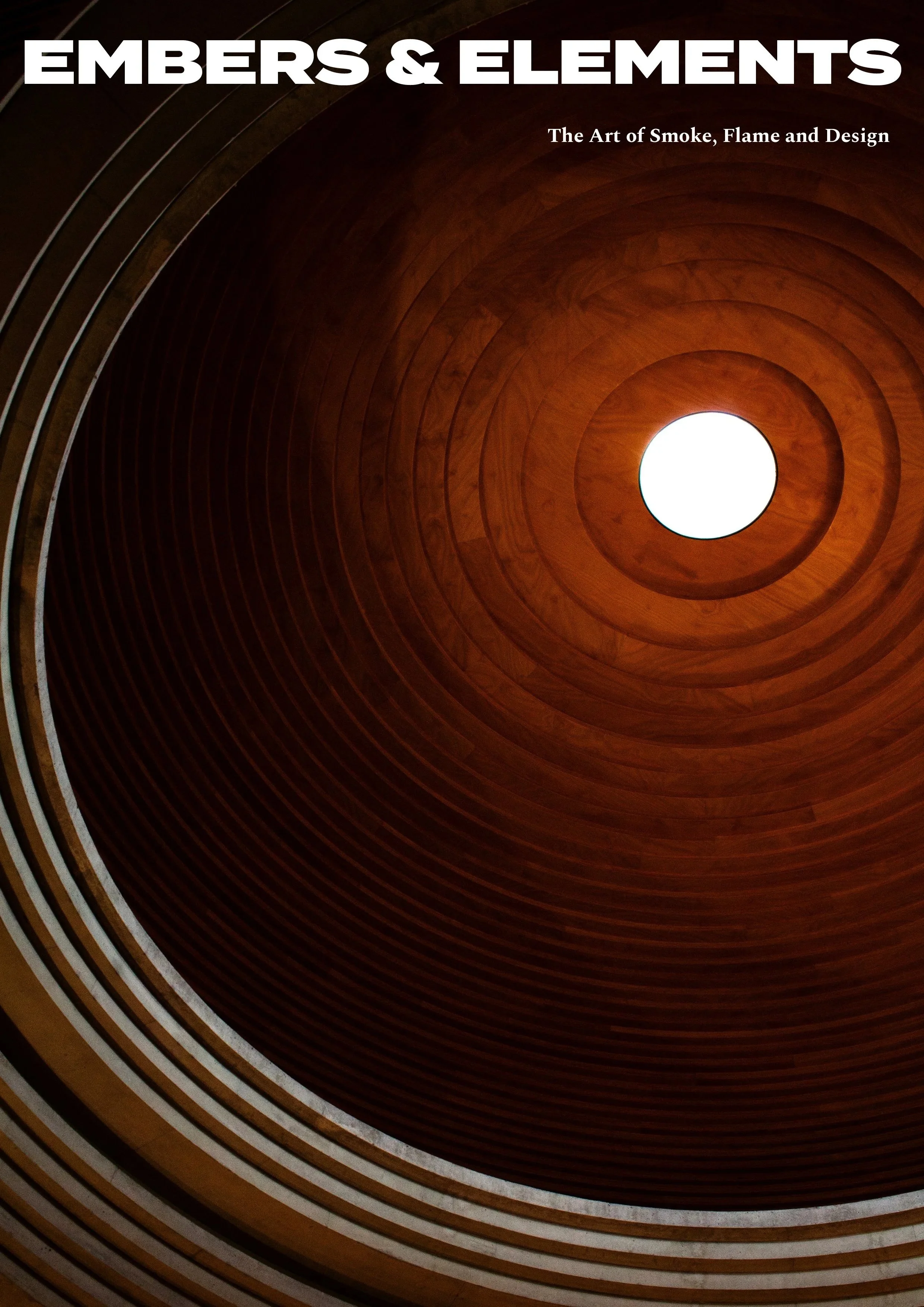 Cover of a book titled 'Embers & Elements' featuring an upward view of a spiral wooden stairwell illuminated from above.