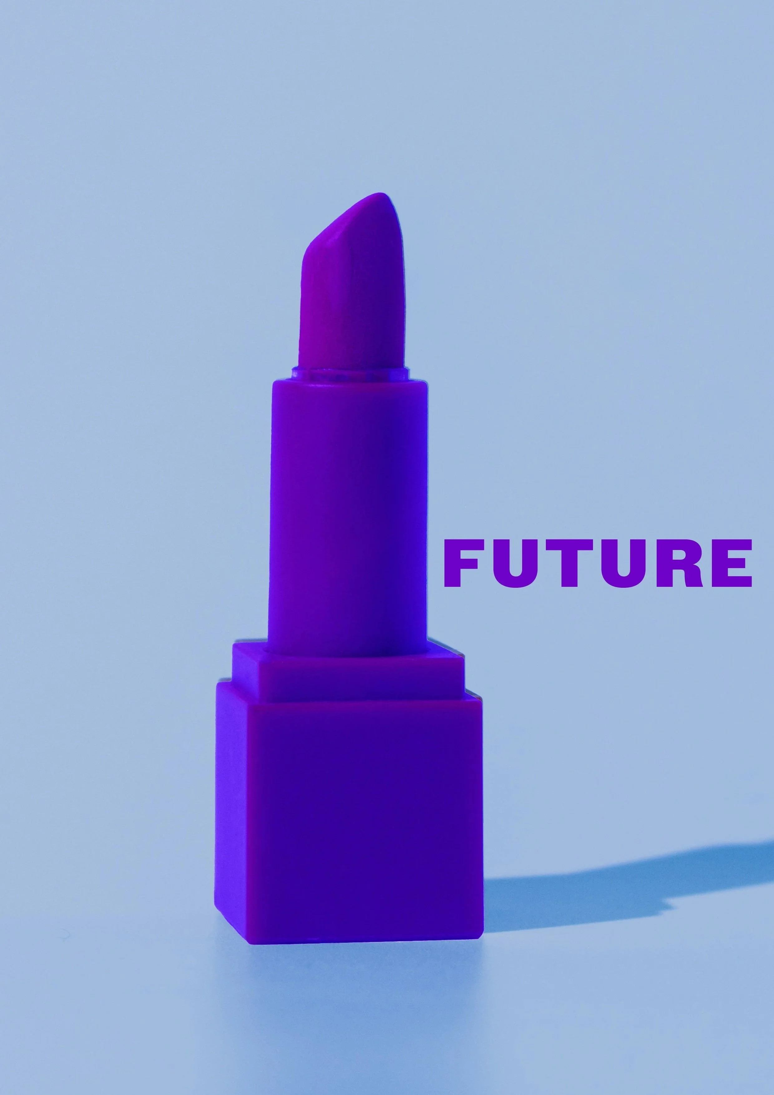 A purple lipstick in a lipstick tube with the word 'FUTURE' written beside it.