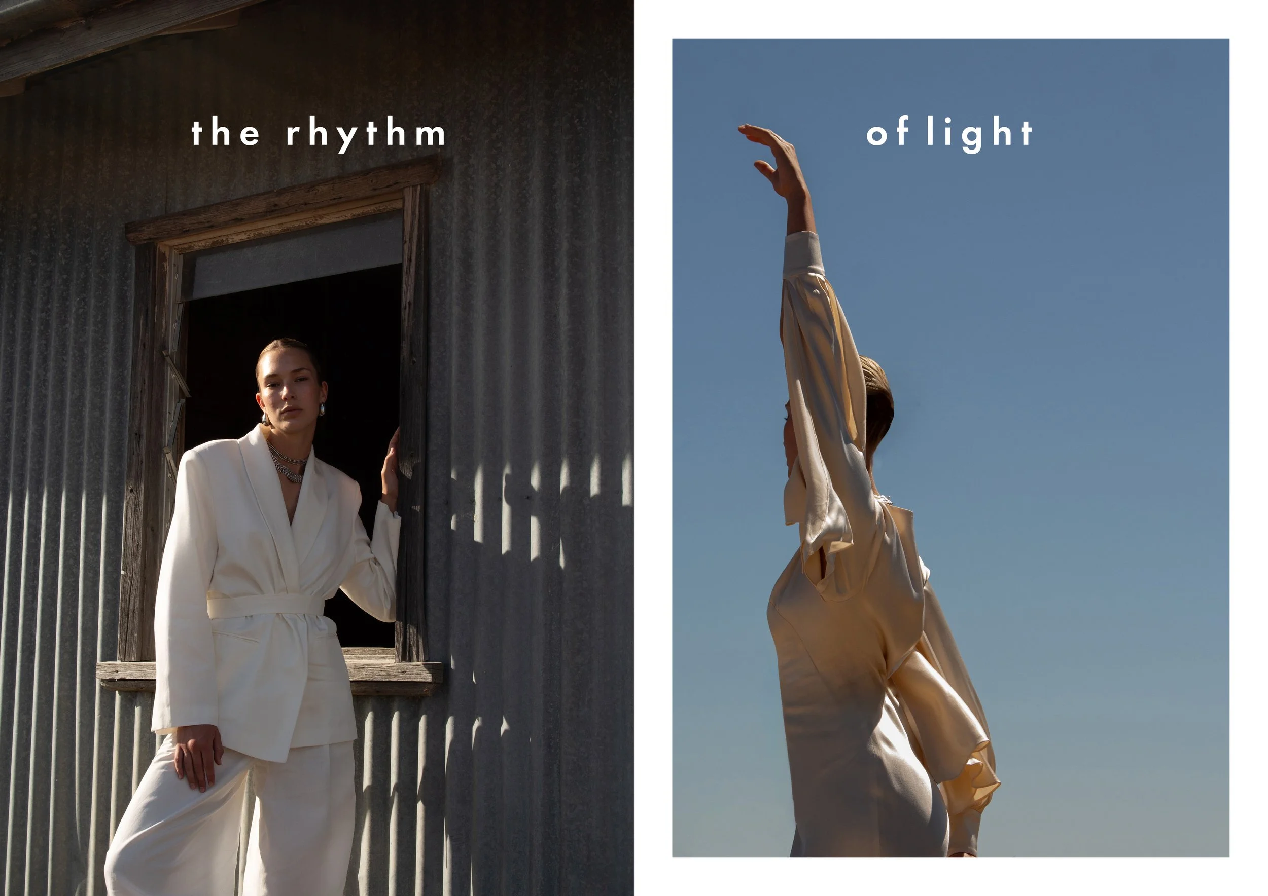 Side-by-side photos of a woman in a white blazer and pants. The left photo shows her standing outside a weathered wooden building, leaning on the window frame, with sunlight casting shadow patterns on the wall. The right photo shows her against a cle