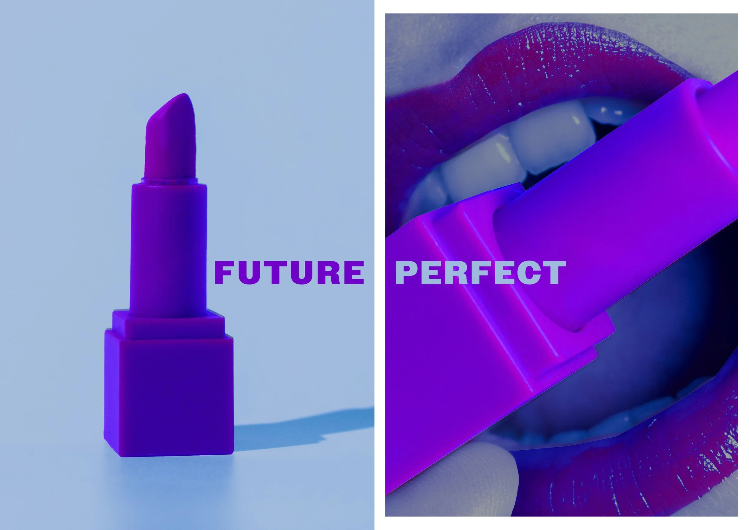 Split image with a purple lipstick on the left and close-up of lips with purple lipstick on the right, with the words "FUTURE" and "PERFECT" written across.