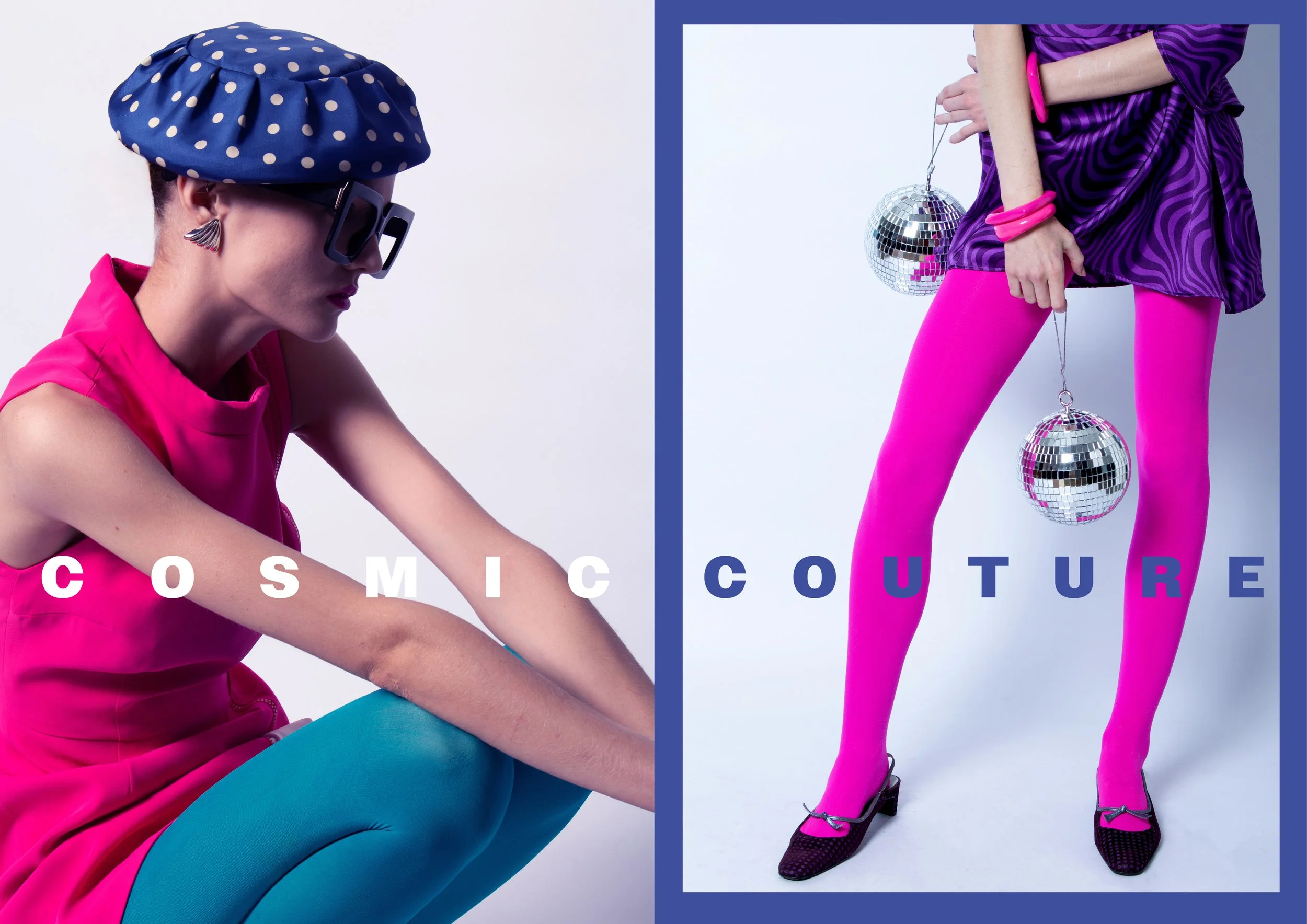 Split-screen image with a woman wearing vibrant fashion on each side. Left side shows her in a pink sleeveless top, teal leggings, black sunglasses, and a blue polka-dot beret, kneeling with her head slightly bowed. Right side shows her in bright pin