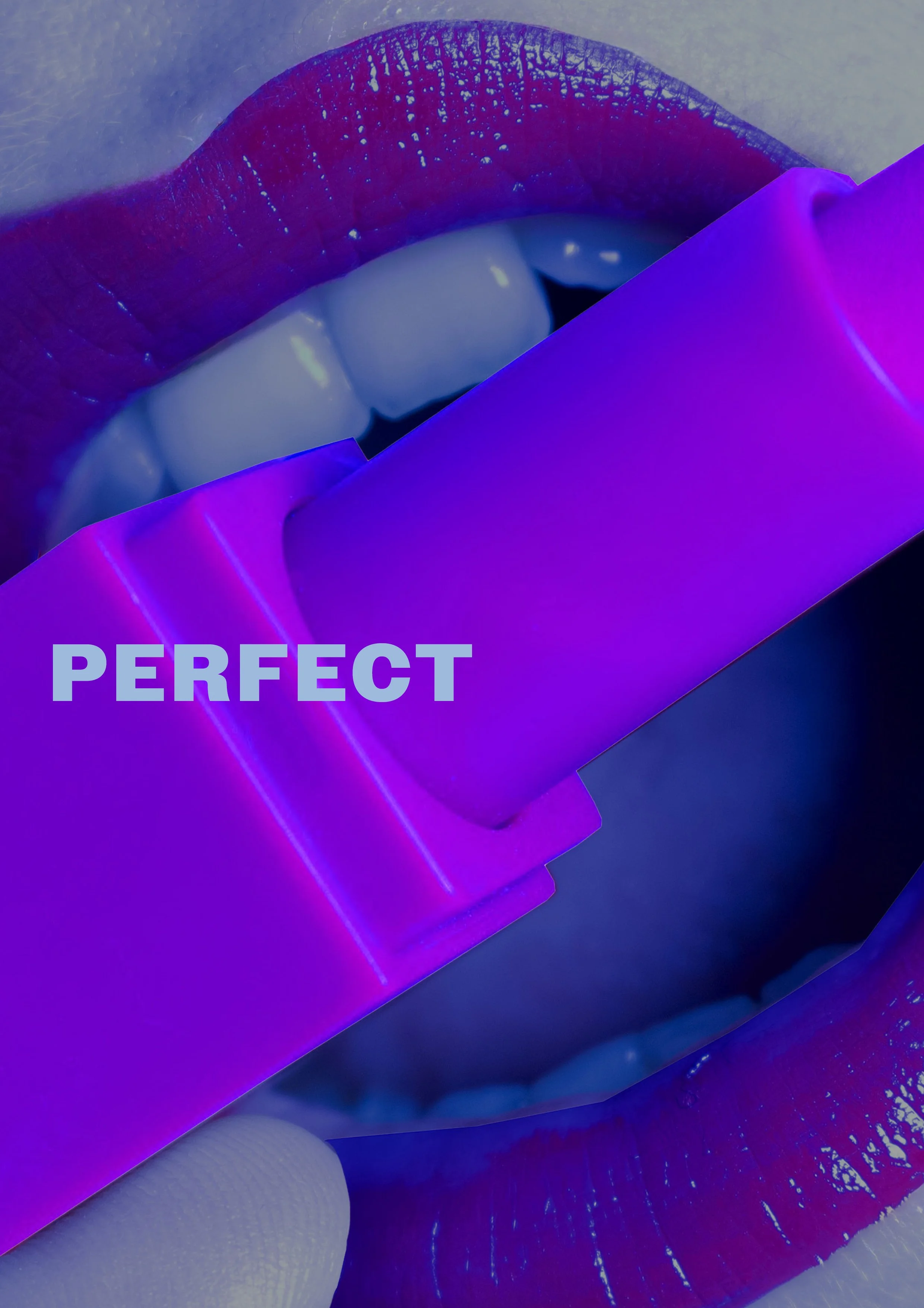 Close-up of person with purple lipstick applying purple lipstick under ultraviolet lighting, with the word 'PERFECT' in lavender text.