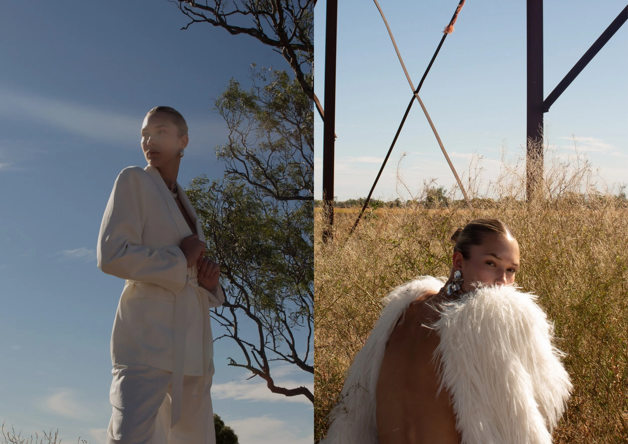 Side-by-side photos of two women in outdoor settings. The woman on the left is wearing a white blazer and pants, with her hair slicked back, standing under a tree with blue sky in the background. The woman on the right is wearing a white furry coat, 
