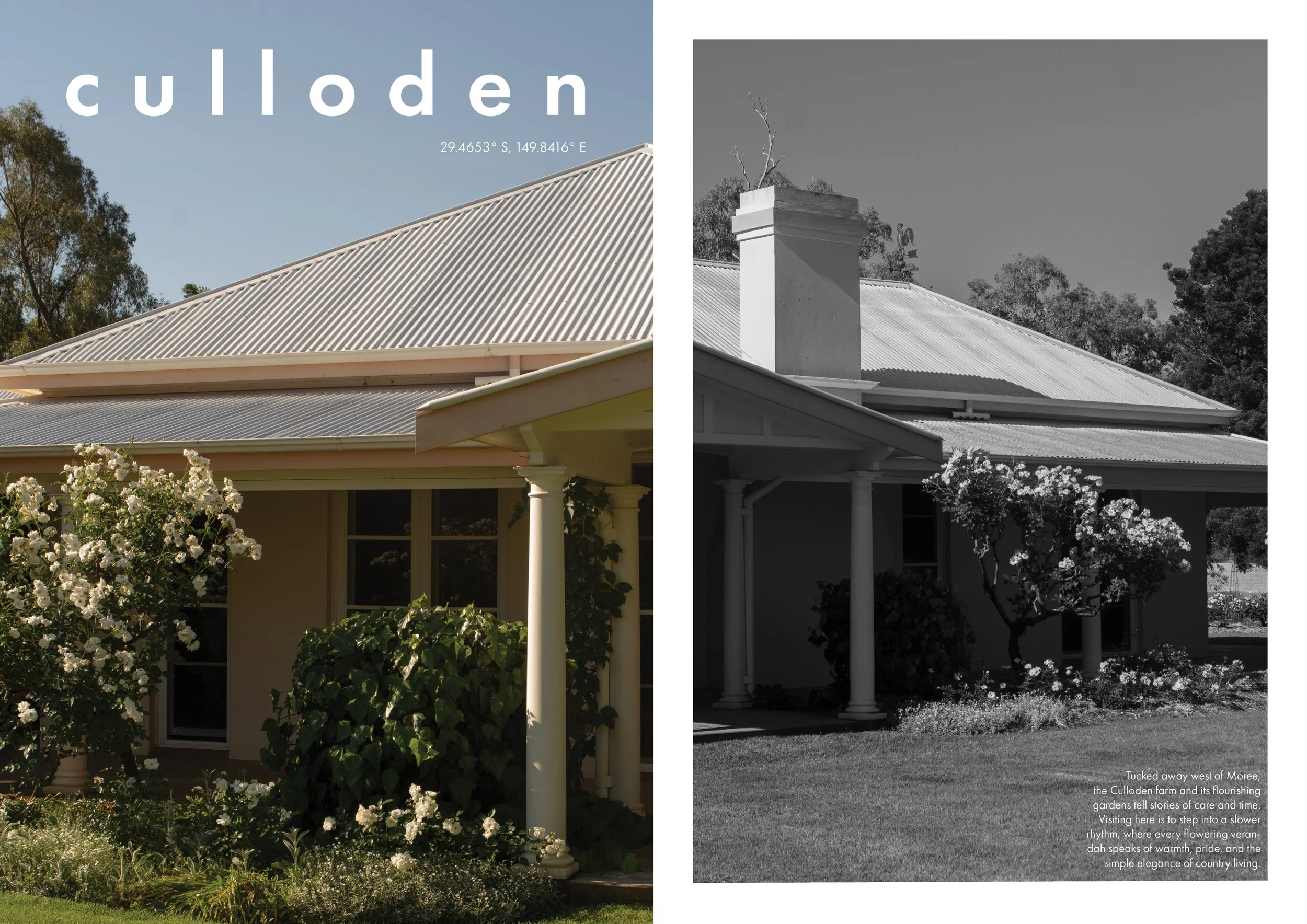 A side-by-side view of a house in color on the left and a black-and-white version on the right. The house has a ridge metal roof, white columns, and a lush garden with flowering plants in front. There is text indicating the location as Culloden, with