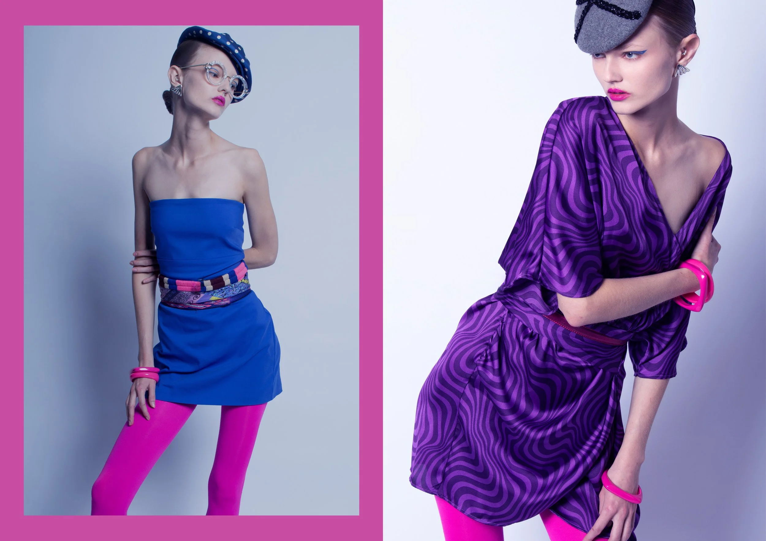 Fashion photoshoot featuring a young woman in vibrant purple and blue outfits with pink accessories, posing against a light background.