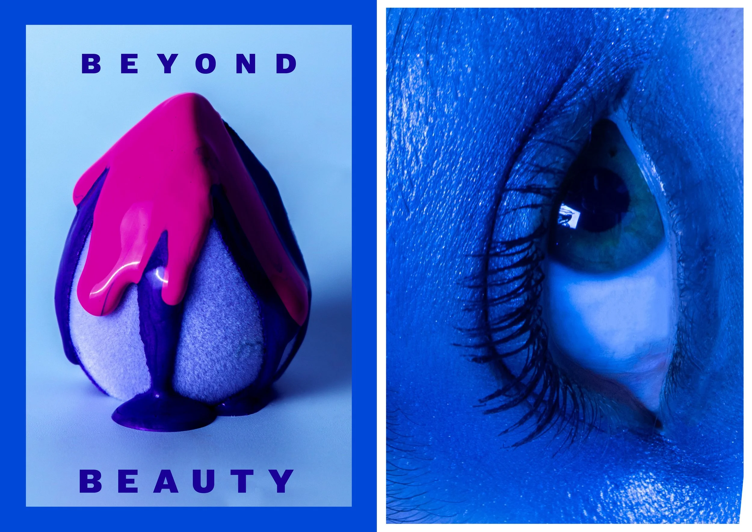 A visual collage featuring a close-up of a human eye with vibrant blue makeup on the right and a graphic of a purple and blue object with pink substance dripping from the top left, and the words 'BEYOND BEAUTY' in bold purple font on a blue backgroun
