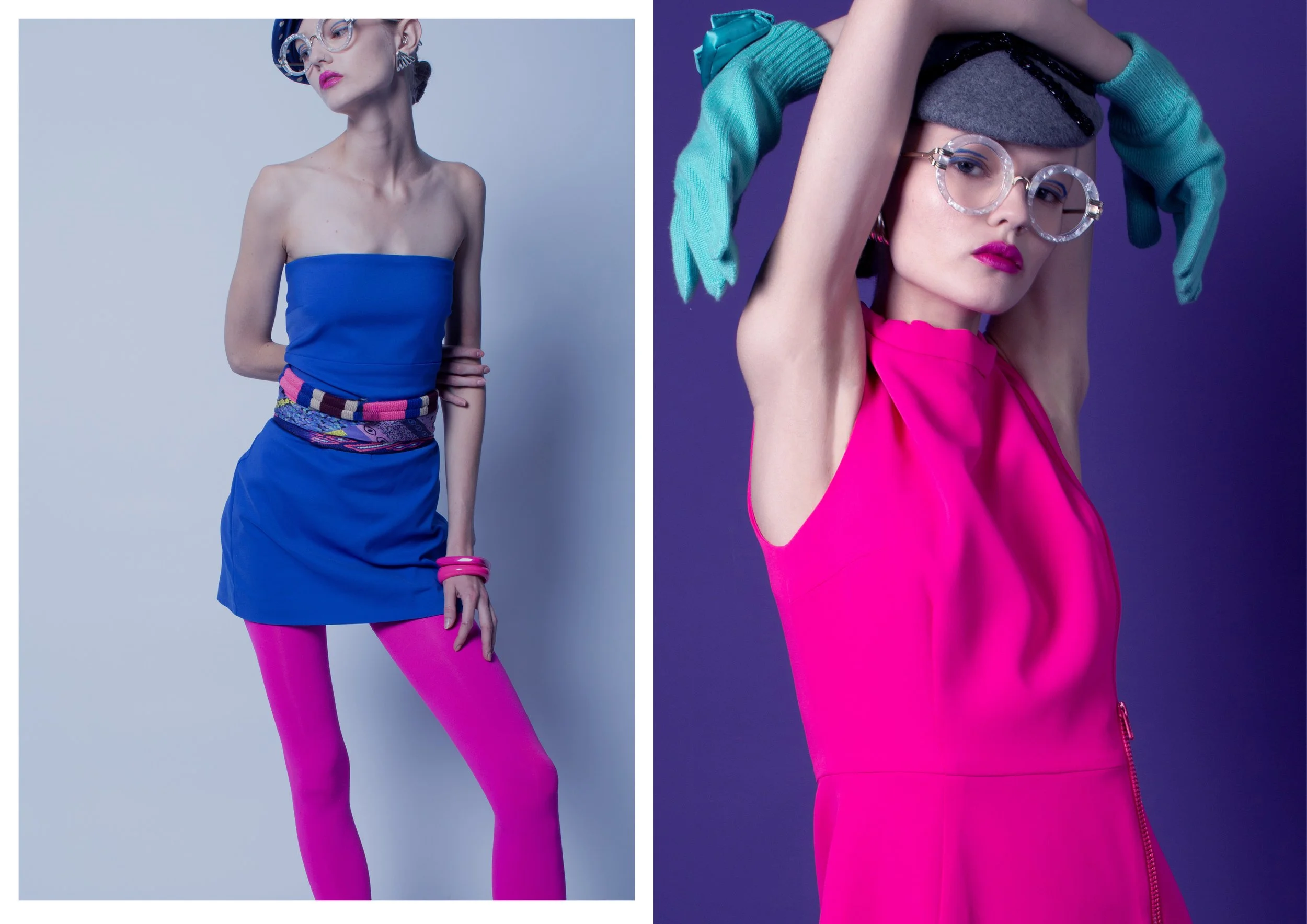 Far left, a fashion model in a blue strapless dress, pink tights, and accessories, standing against a plain background. On the right, a model in a vibrant pink sleeveless dress, blue gloves, and glasses, with arms raised, against a purple background.