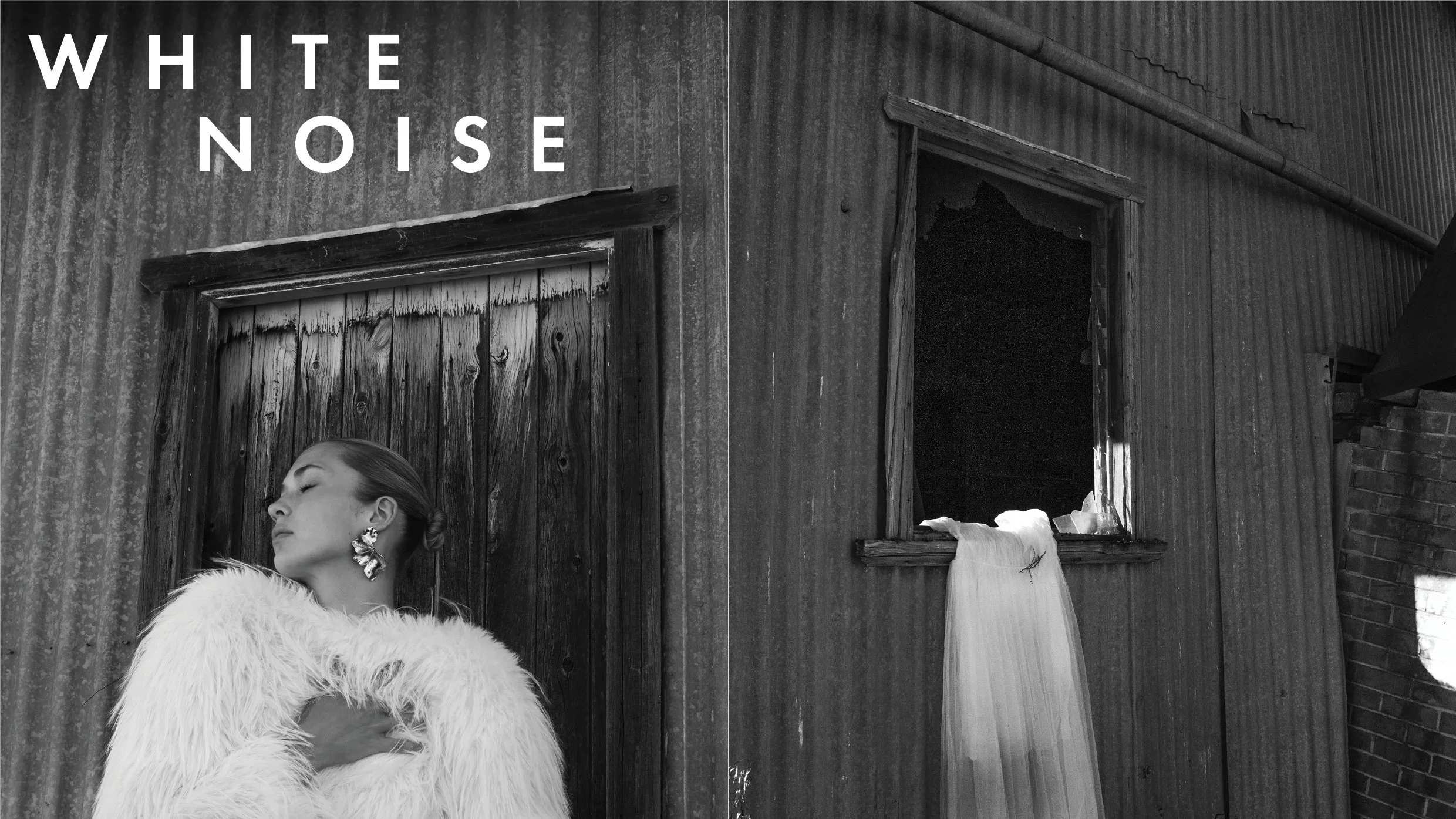 A black and white photograph of a woman with closed eyes, wearing large earrings and a fluffy white coat, standing against a weathered wooden wall with a window and an open, tattered curtain.