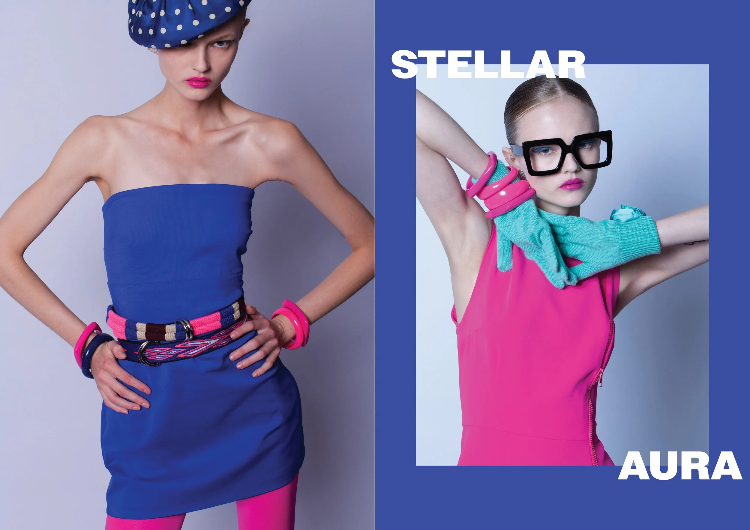 Two women in colorful fashion photoshoot with bold makeup and accessories. The woman on the left wears a strapless blue dress, pink tights, multicolored belt, pink and blue bangles, and a blue polka-dot headscarf. The woman on the right wears a pink 