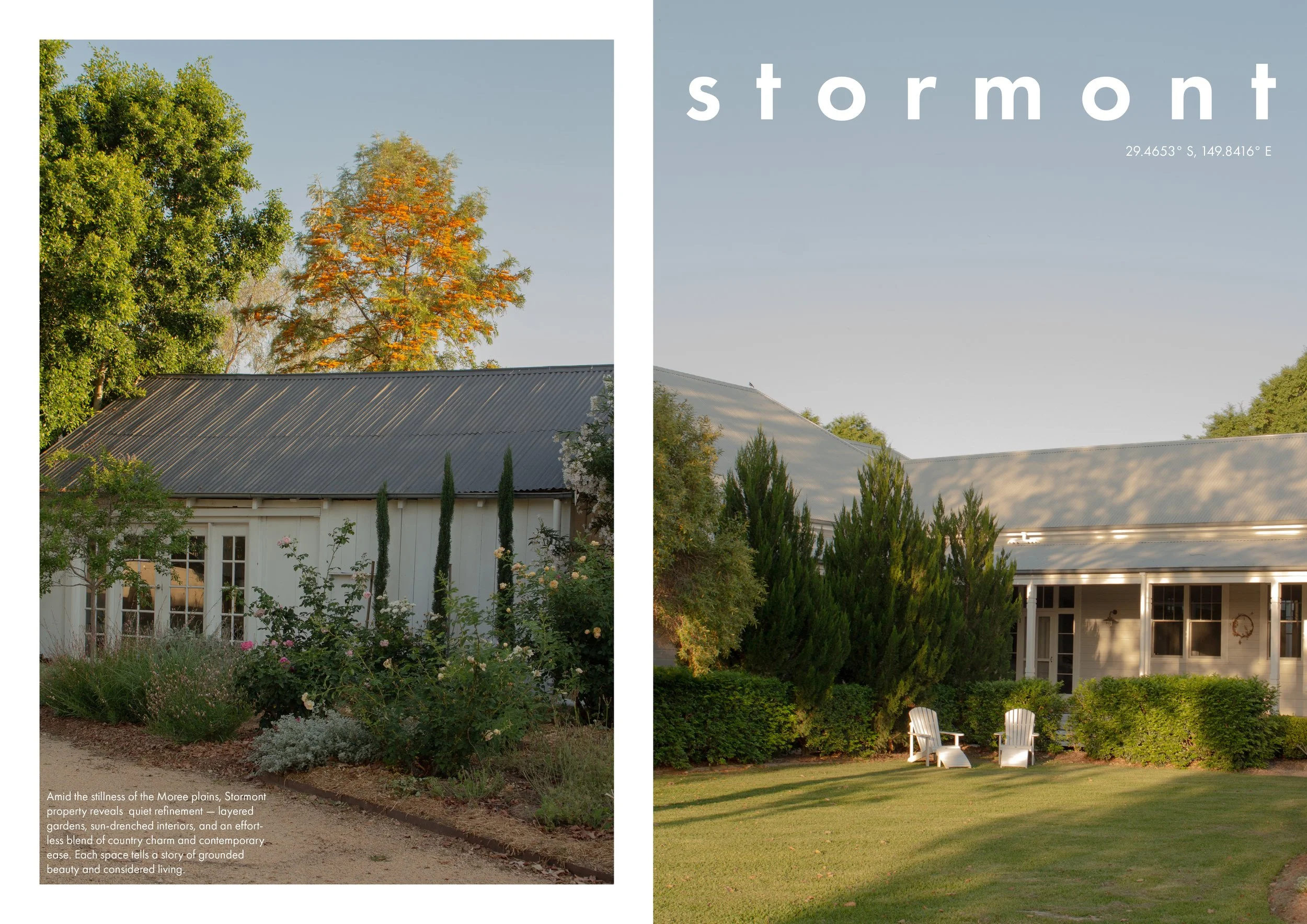 Split image of a house and garden in Stormont. On the left, a white house with a gray metal roof, surrounded by plants and trees, with a gravel path. On the right, the same house with a porch, two white chairs, a lawn, and trees, with the words 'stor
