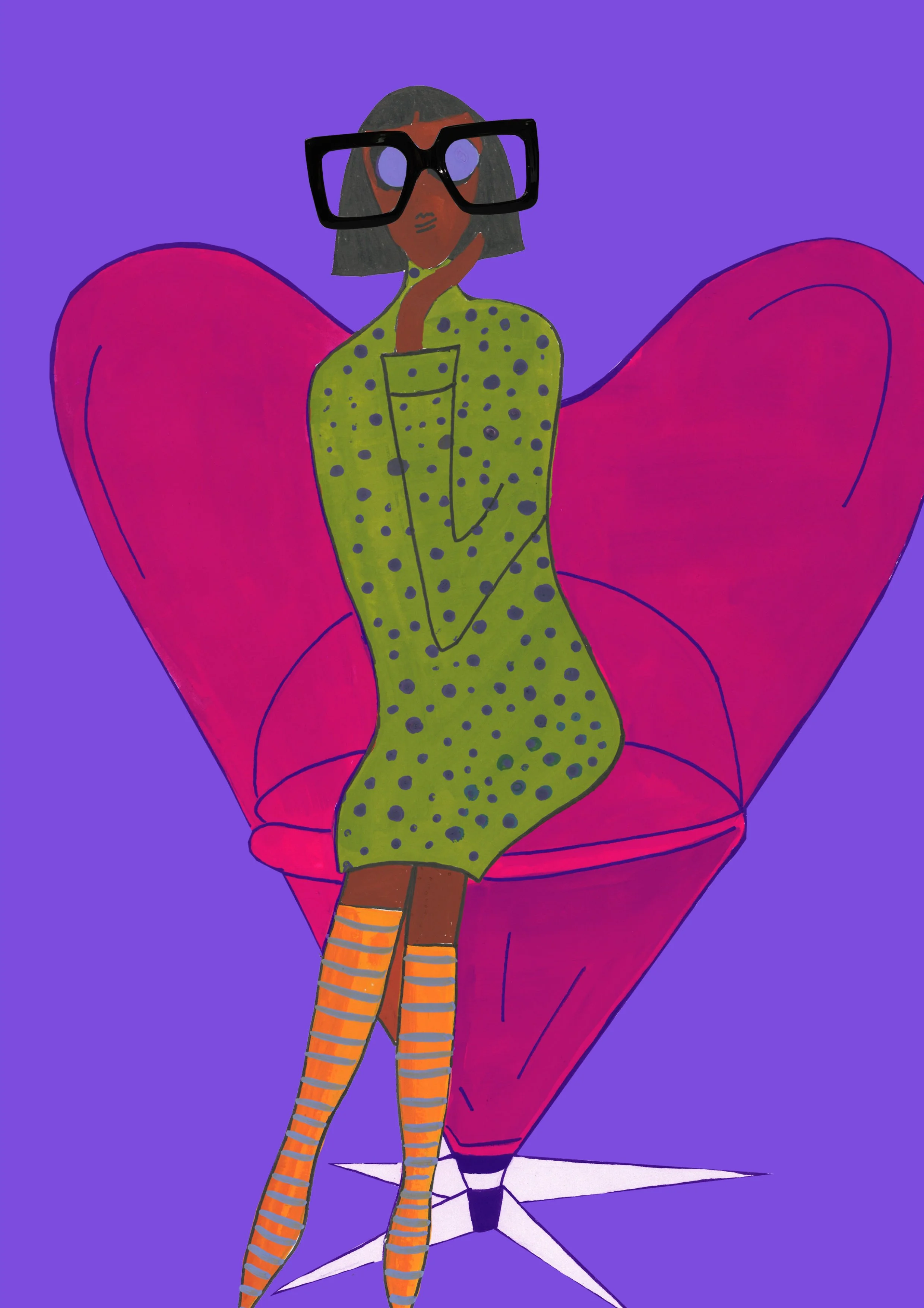 Stylized illustration of a woman with dark hair, wearing large black glasses and a green polka dot dress, sitting in a pink heart-shaped chair against a purple background.