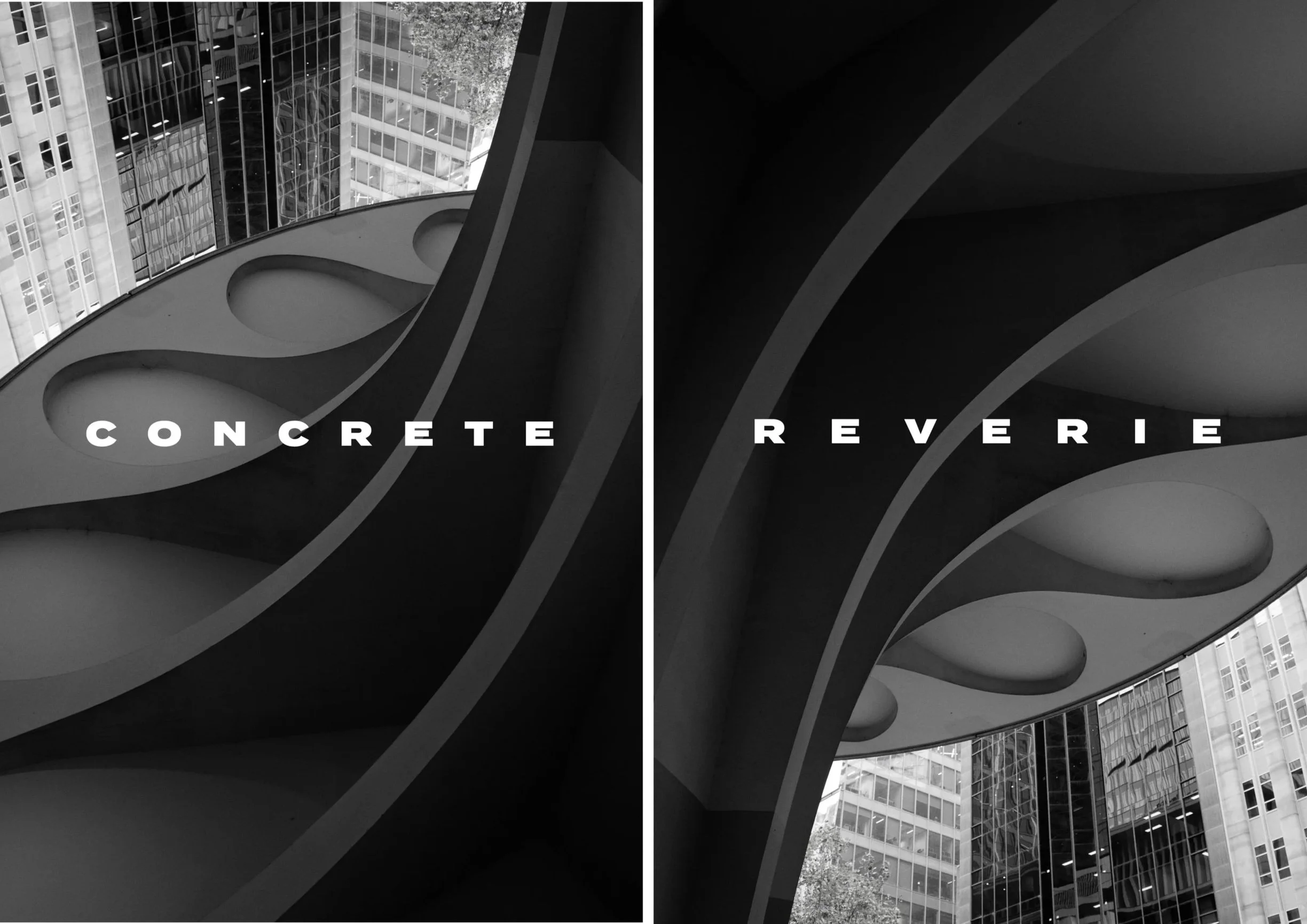 Split black and white photo of modern building architecture with curved surfaces and small circular openings, with city office buildings in the background. Overlaid text reading 'CONCRETE' on the left and 'REVERS' on the right.