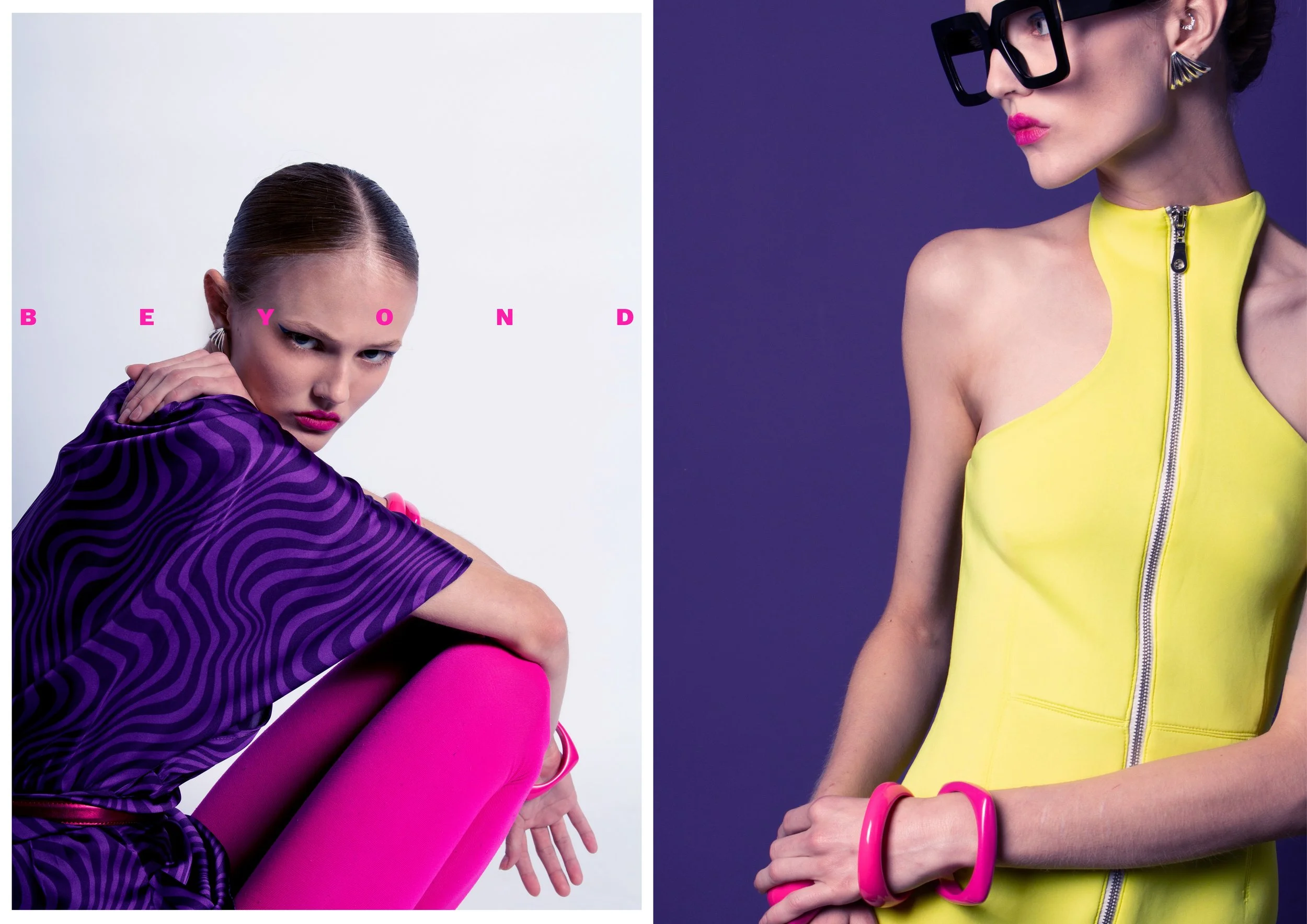 A split image of two women in colorful fashion. The left woman has a serious expression, wearing a purple and black patterned top, bright pink leggings, and pink lipstick, with text above spelling "BEYOND." The right woman is wearing black glasses, y