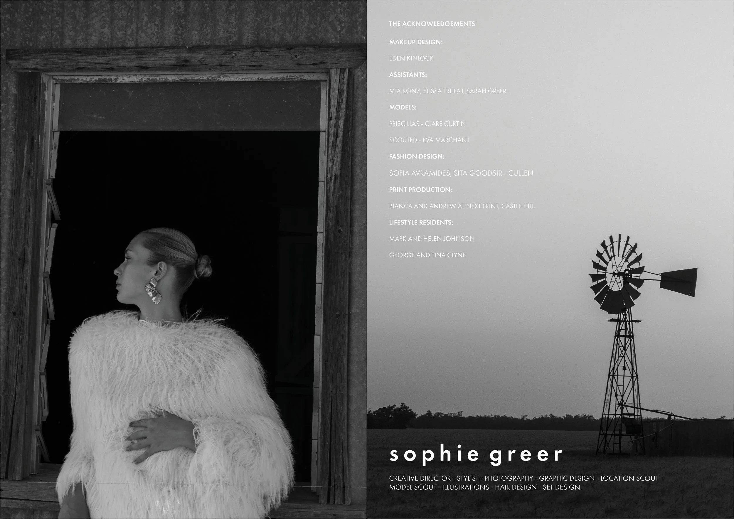 A black and white photo of a woman with her hair tied in a bun, wearing large earrings and a fluffy white coat, standing in front of a rustic wooden structure. Next to her, there is a grassy landscape with a windmill in the background and a list of a