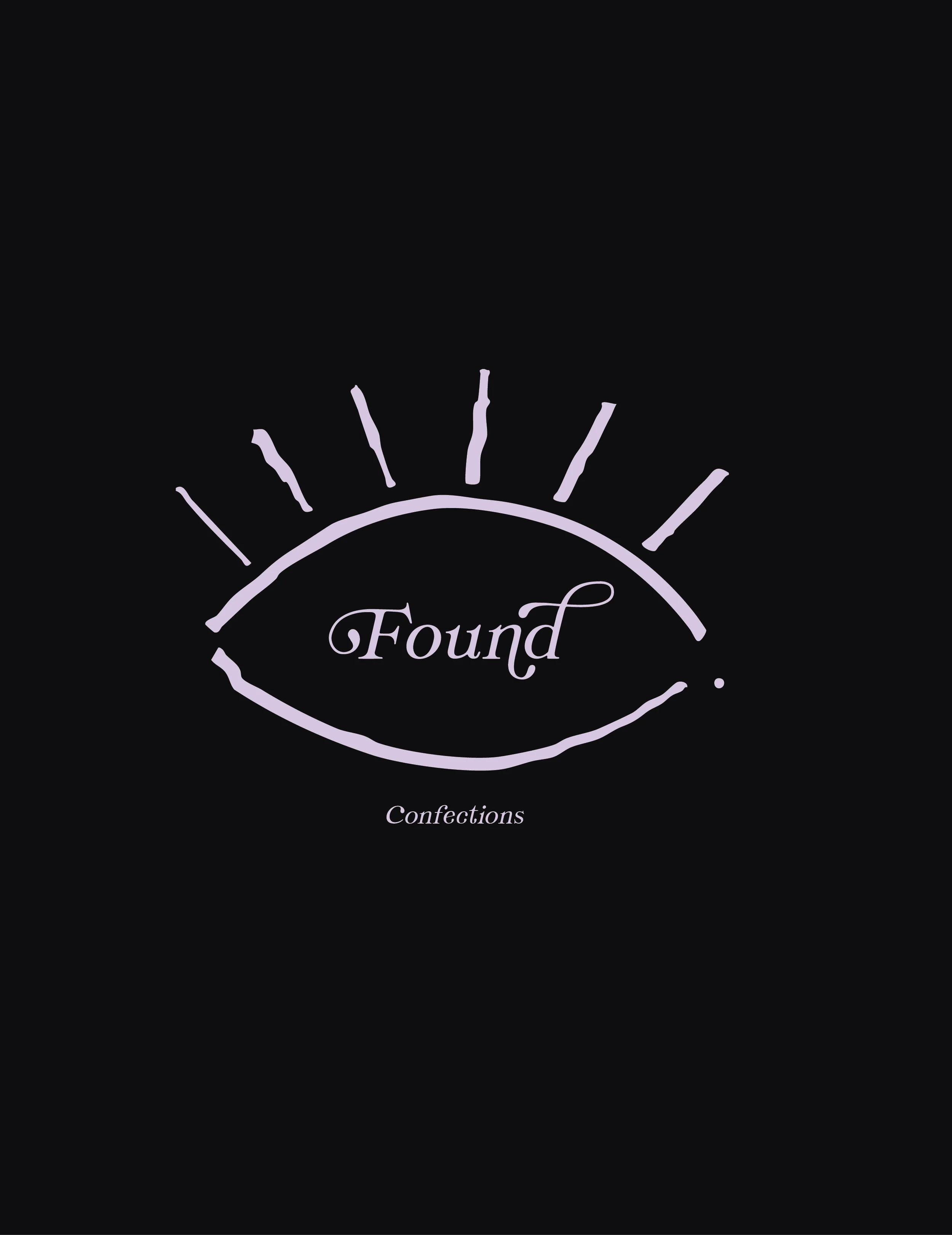 Logo with an eye design and the word 'Found' inside, 'Confections' written below on a black background.