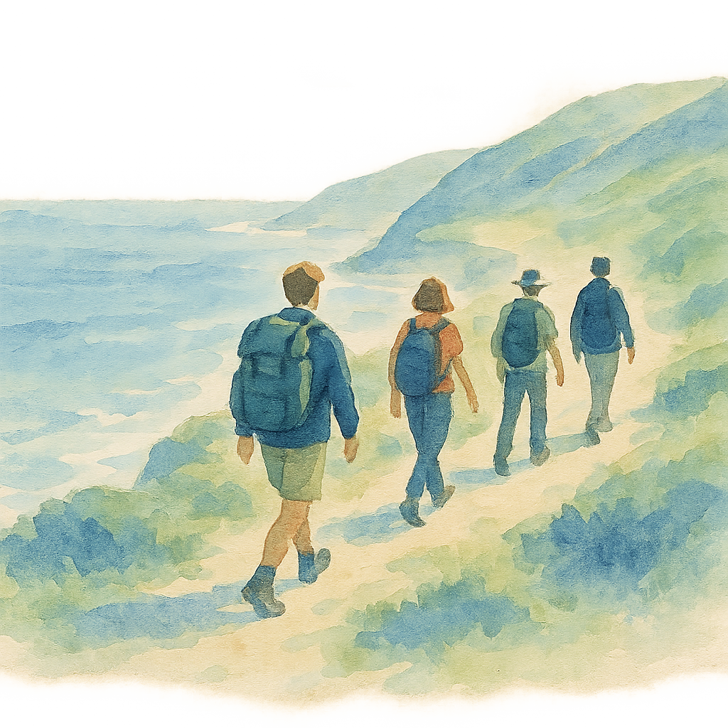 Four hikers walk along a trail near the ocean with cliffs and hills in the background, painted in a watercolor style.