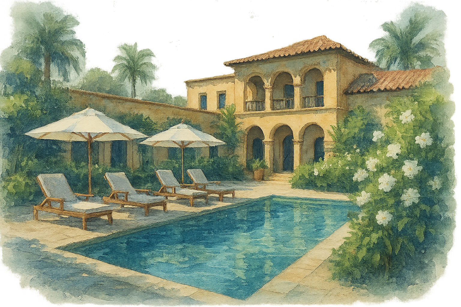 A watercolor painting of a Mediterranean-style villa with a pool, surrounded by lounge chairs and white umbrellas, lush green plants, and palm trees in the background.