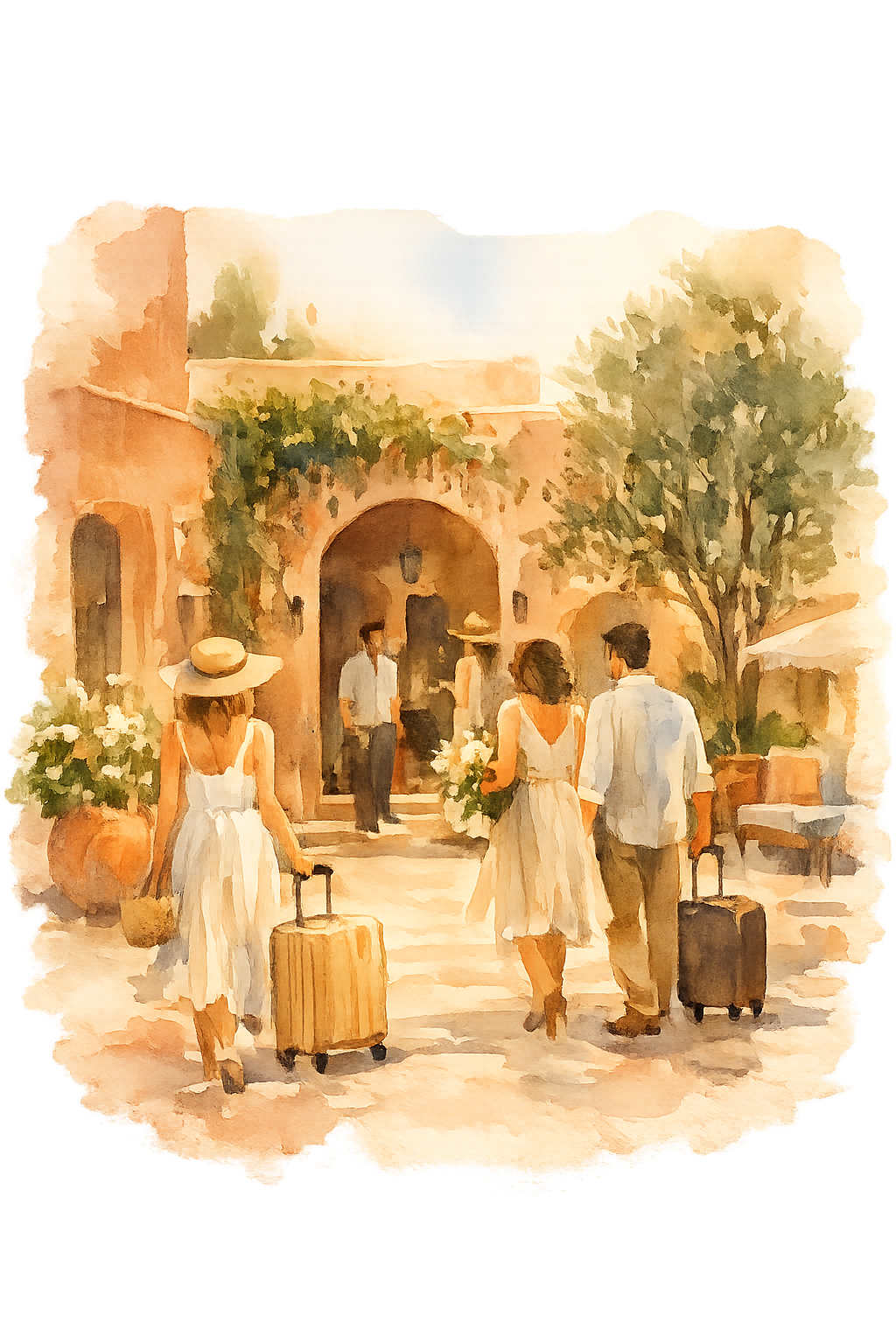 People with suitcases walking in a sunny courtyard with an arched entrance, trees, and flowers, with a Mediterranean or Latin American architectural style.