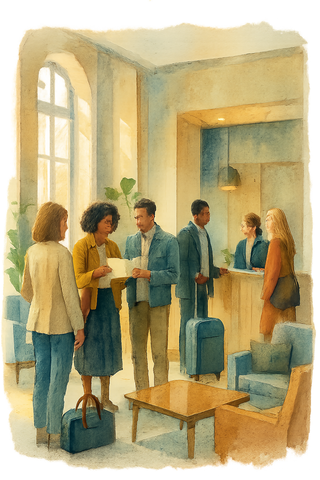 People standing at hotel front desk engaging with reception staff in a brightly lit lobby filled with large windows, plants, and comfortable seating.