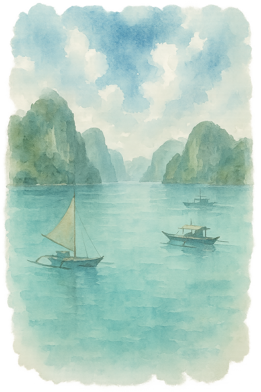 A watercolor painting of a tranquil bay with sailboats and motorboats, surrounded by tall green limestone cliffs under a partly cloudy sky.