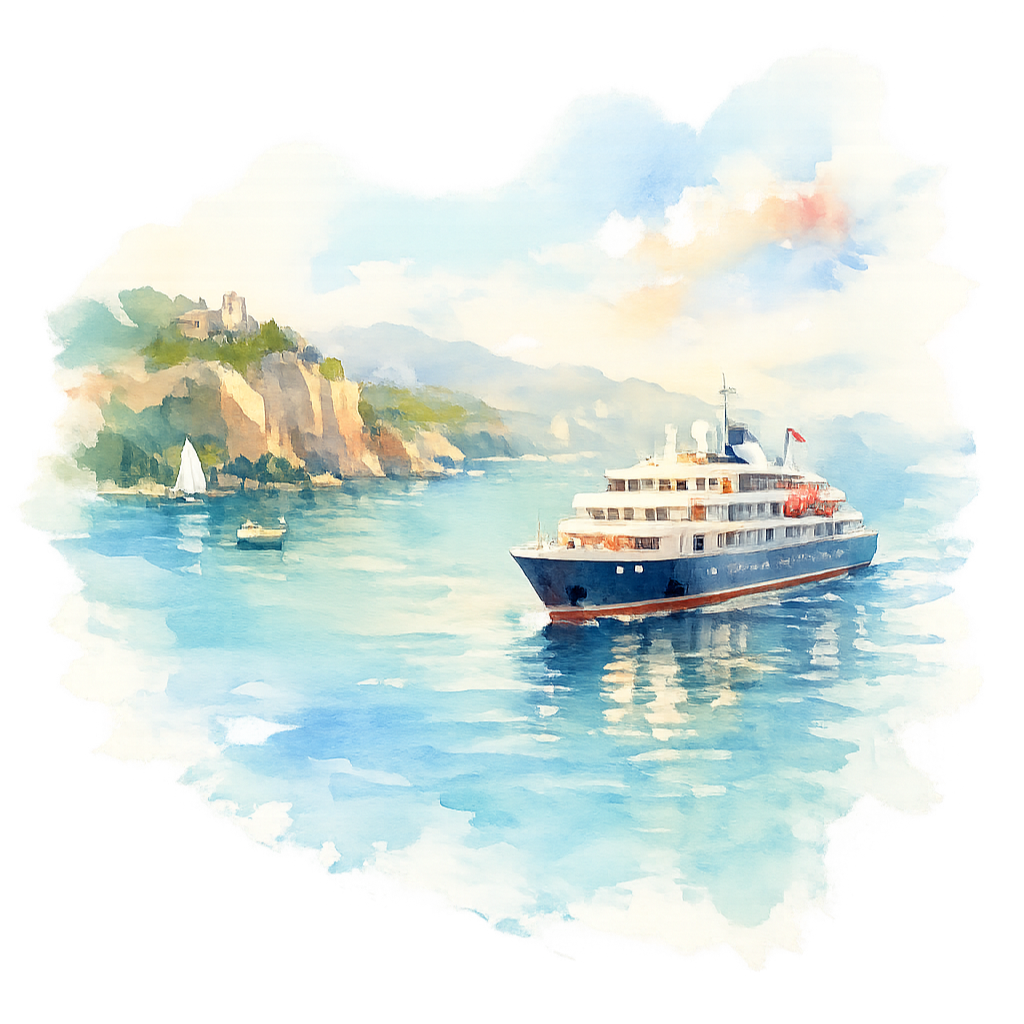 Watercolor painting of a large yacht sailing on calm blue water near rocky cliffs with a castle on top, under a partly cloudy sky, with a smaller sailboat and a rowboat nearby.