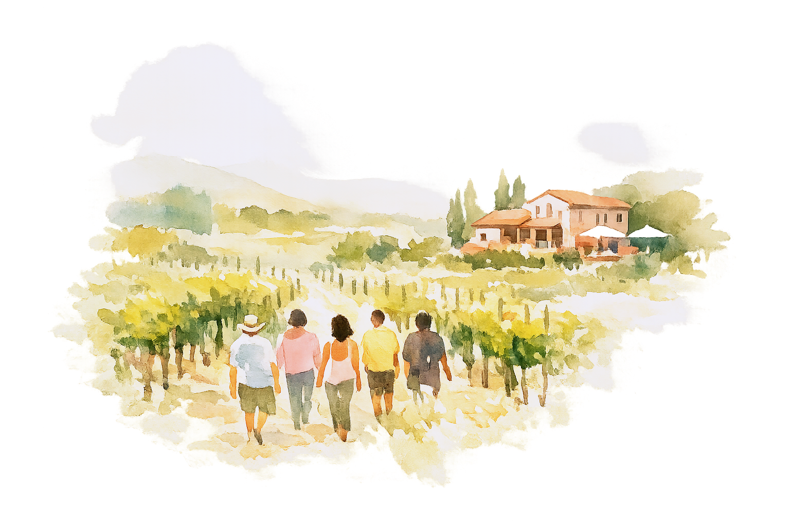 Watercolor painting of five people walking through a vineyard towards a house in the countryside with hills in the background.
