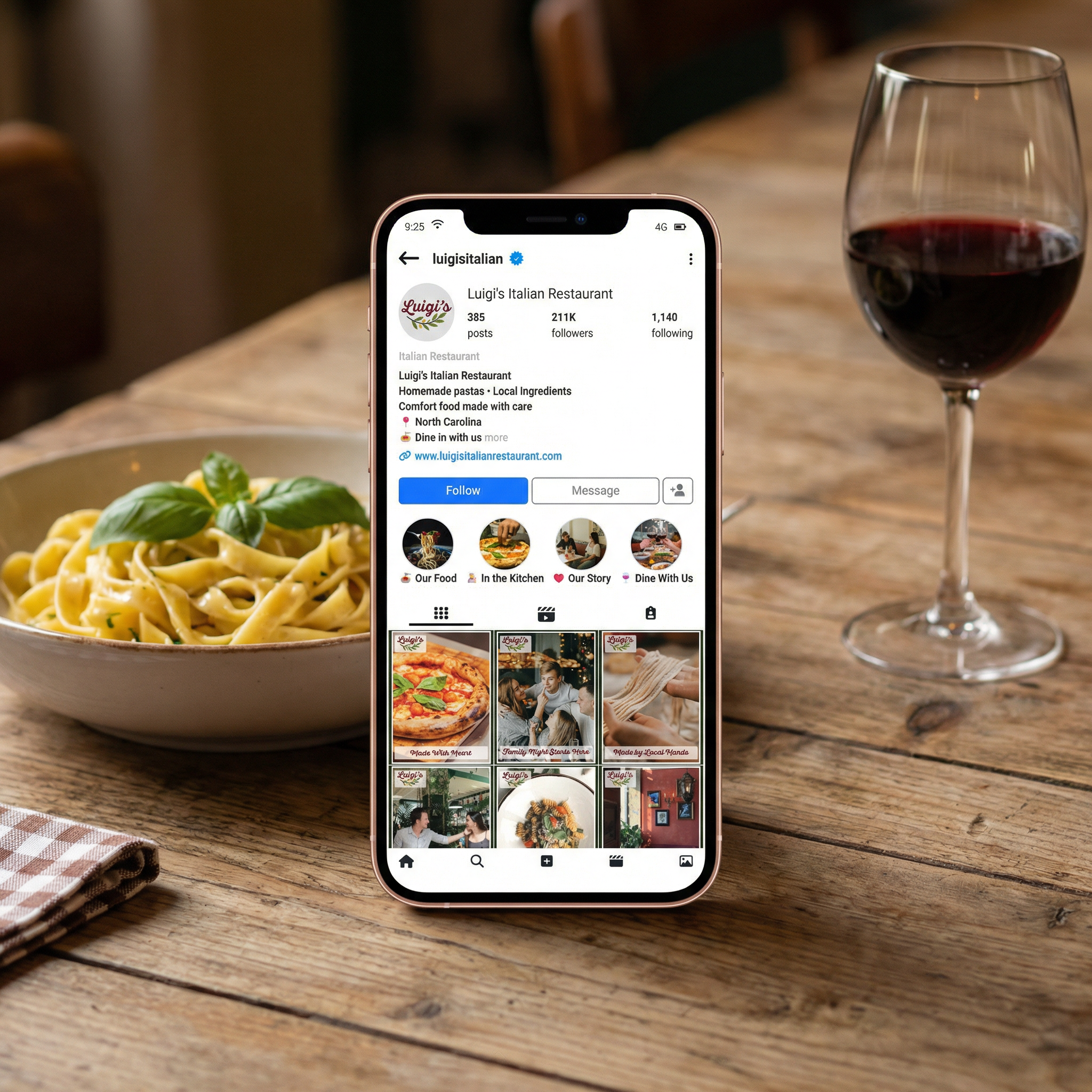 Smartphone displaying Luigi's Italian Restaurant's Instagram profile on a wooden table, with a plate of pasta and a glass of red wine nearby.