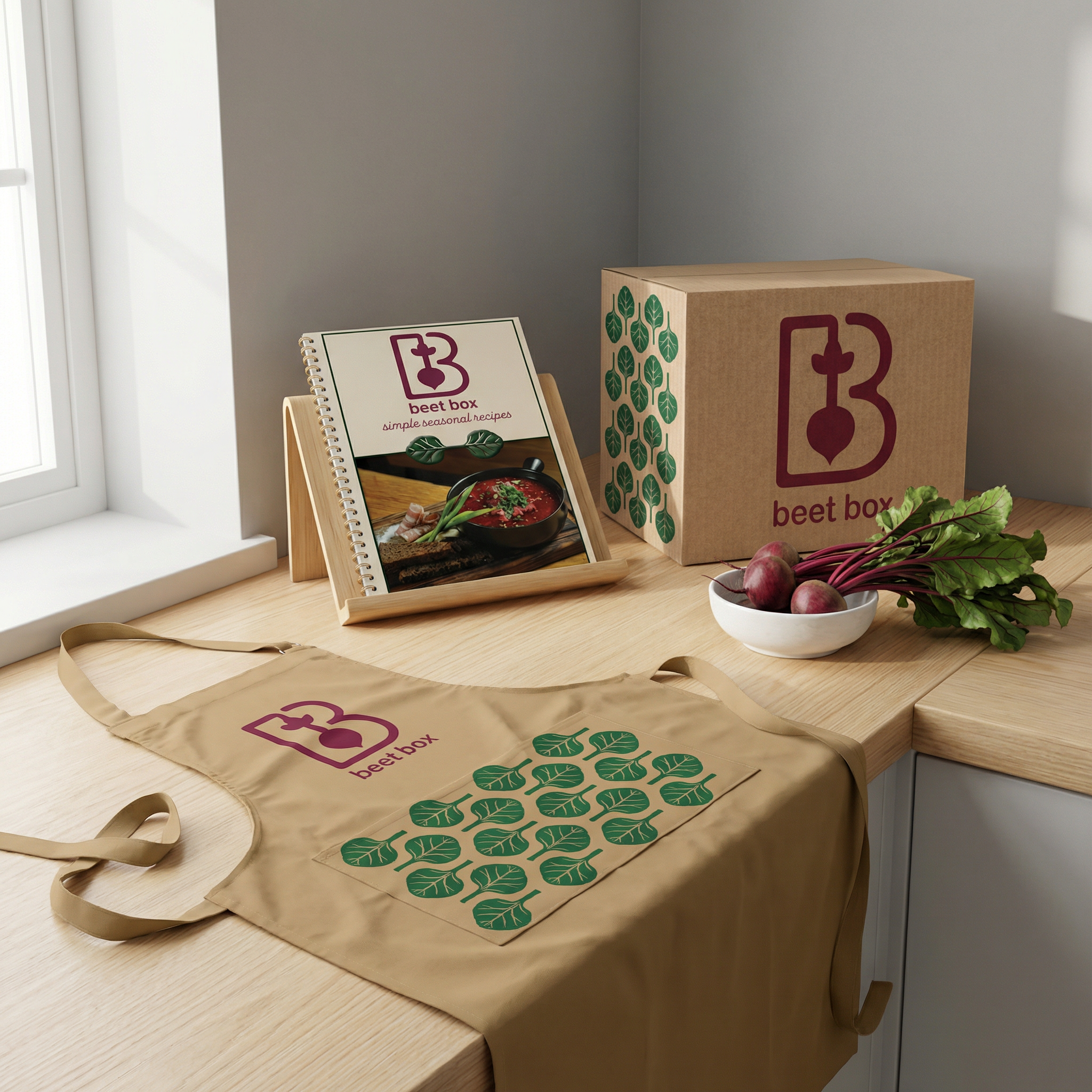 Beet box packaging with logo, a cookbook titled 'beet box', a bowl of fresh beets with greens, a branded tote bag, and a cardboard box on a wooden surface near a window.