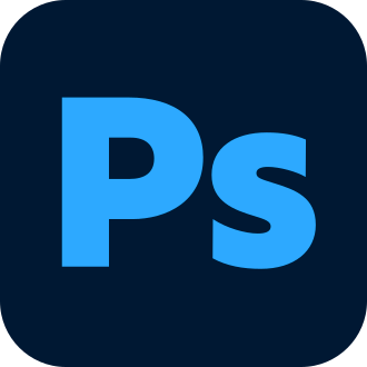 Adobe Photoshop logo with blue letters 'Ps' on a dark background.