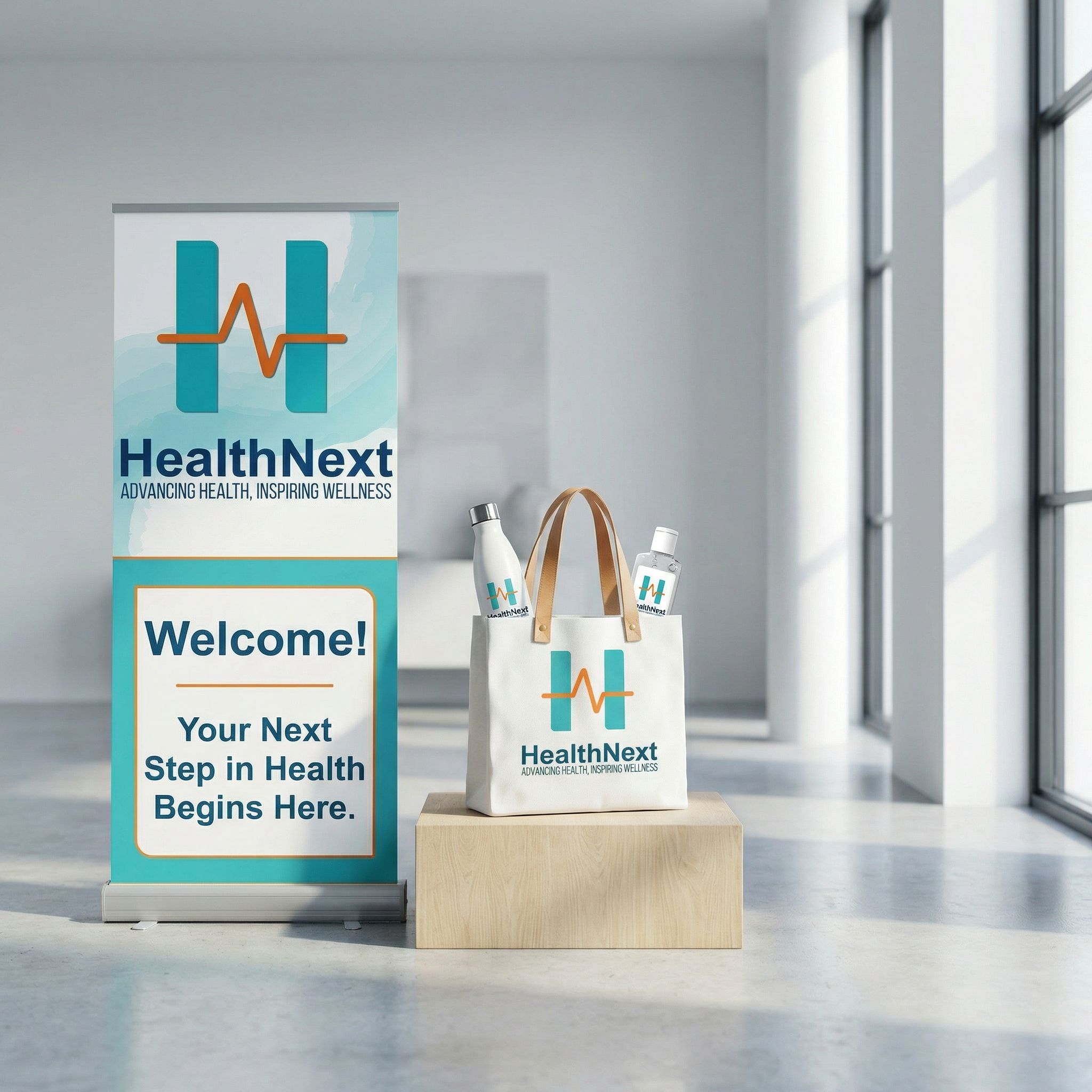 A booth with a banner and a tote bag displaying the HealthNext logo and slogan, next to a window in a bright, modern space.