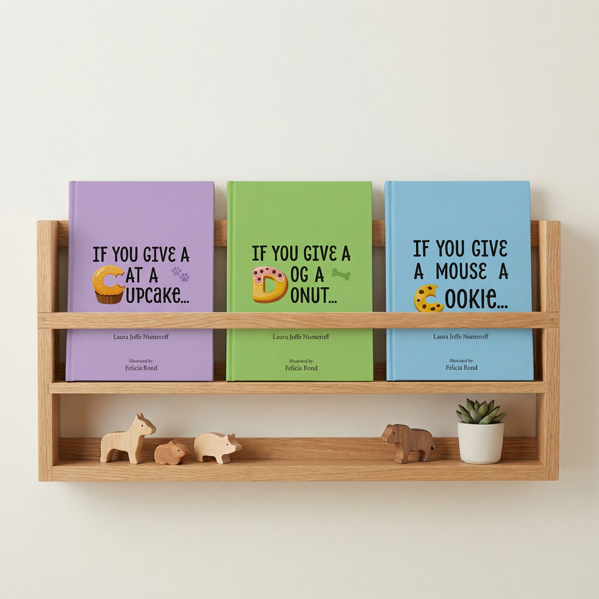 Three children's books with colorful covers on a wooden wall shelf, accompanied by small wooden animal toys and a potted succulent plant.